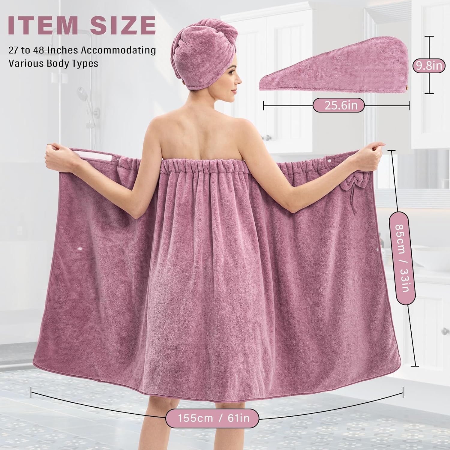 Bath Wrap Towels for Women – Adjustable Spa Shower Wrap with Super Absorbent Microfiber, Quick-Dry Body & Hair Towel Set for Home, Hotel, Beach, Pool, Gym, Travel – Purple - Image 2