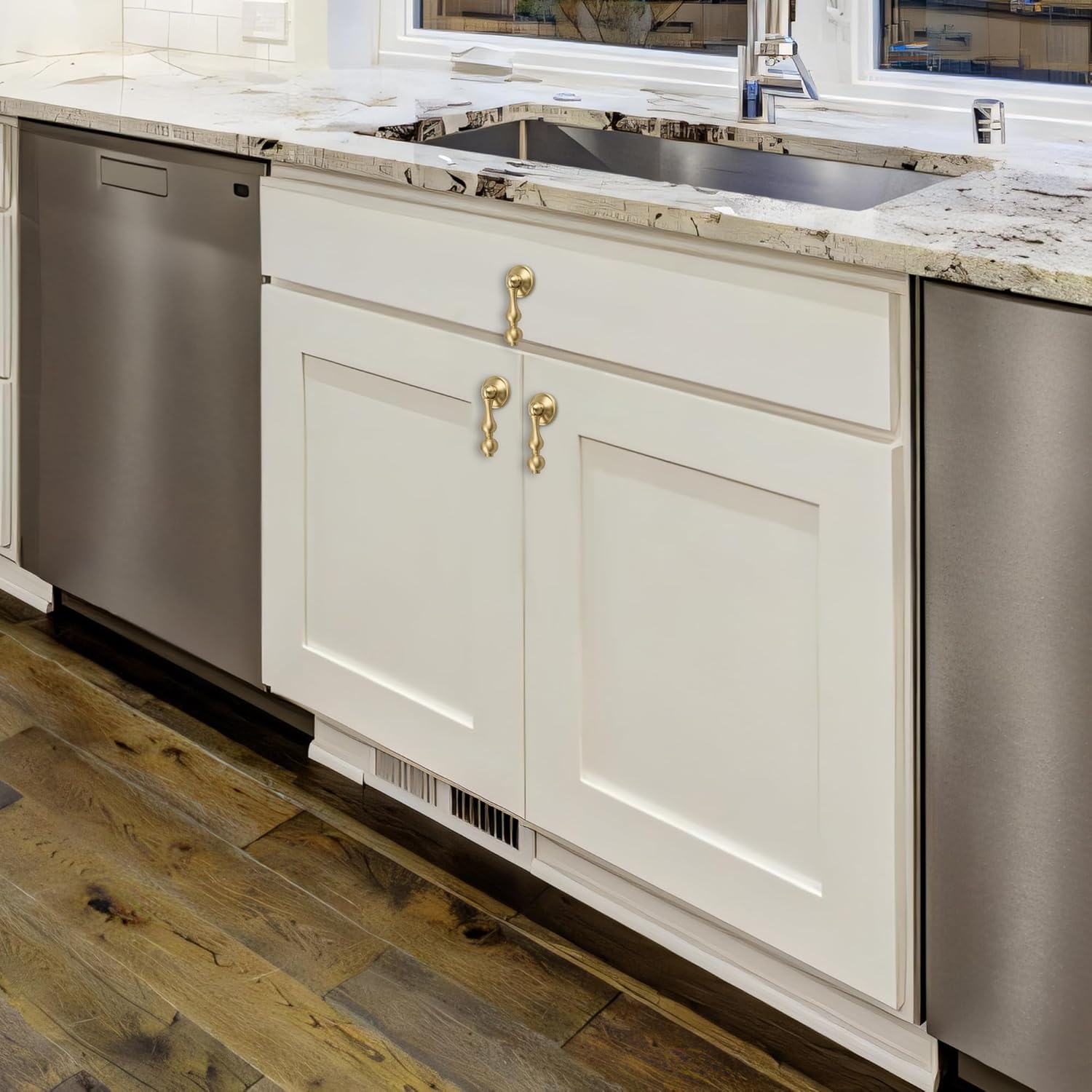 Solid Brass Kitchen Cabinet knobs 6 Pack, Brushed Gold Drop Pulls for Dresser and Drawers, Modern Cupboard Wardrobe Pendant Knob, Bedroom Bathroom Cabinet Knob…