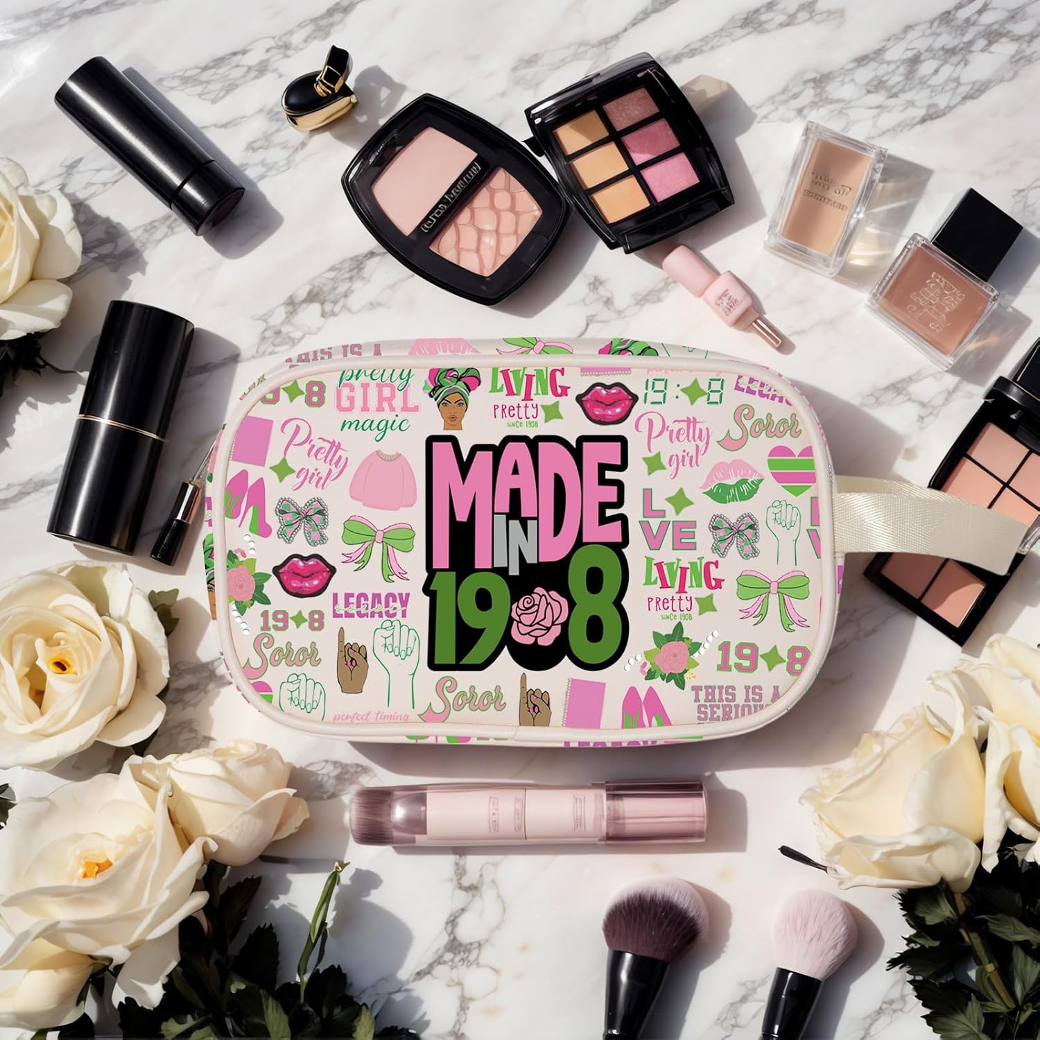 Lywjyb Birdgot Pink and Green Character Greek Sorority Clear Makeup Bag Pinkies Sorority Sisterhood Gift (Made in 08 Bag) - Image 6