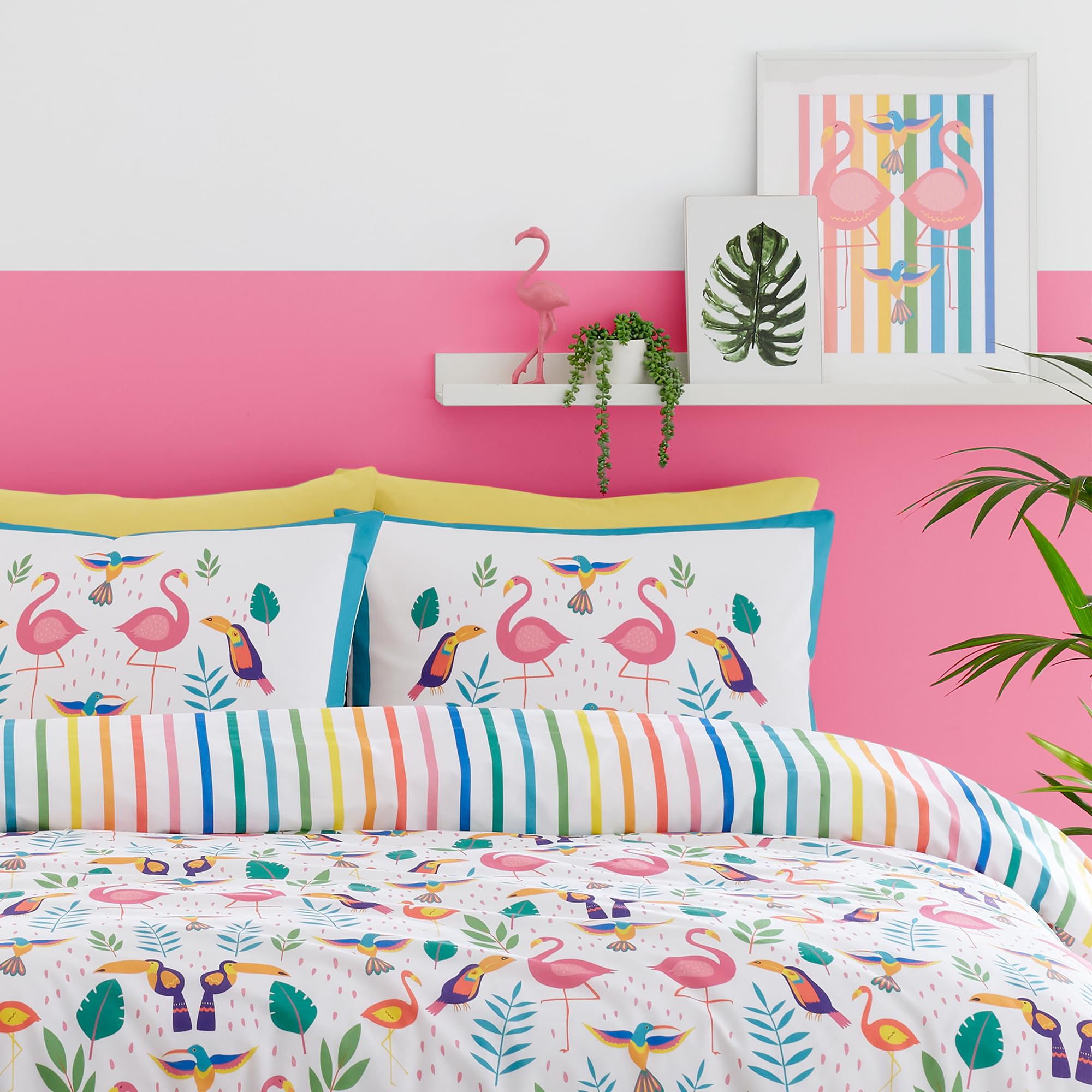 Fusion, Tropical Flamingo Duvet Cover, Single (140 x 200cm), Reversible Design (Rainbow Stripes), Tropical Birds (Toucan) - Image 2
