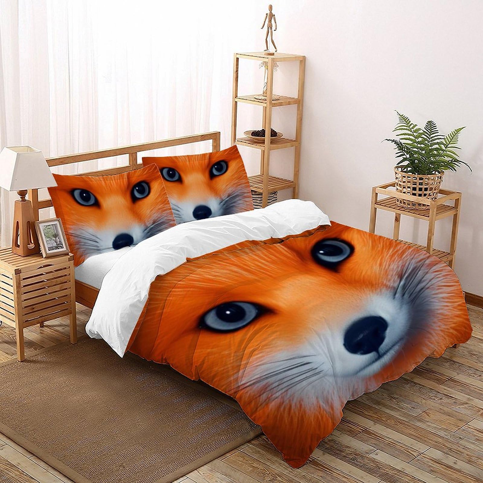 Housse de couette 200x200 renard imprimé 3D avec taies linge de lit microfibre jaune double