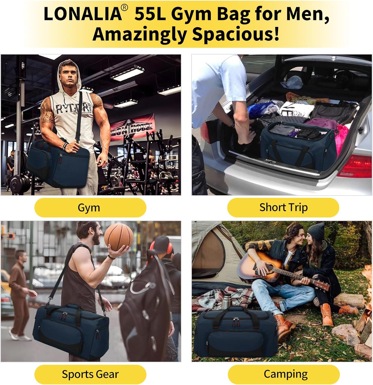 55L Large Sports Duffle Bag for Men - 22 inch Men's Gym Bag Heavy Duty Duffel Bag (Navy Blue) - Image 5