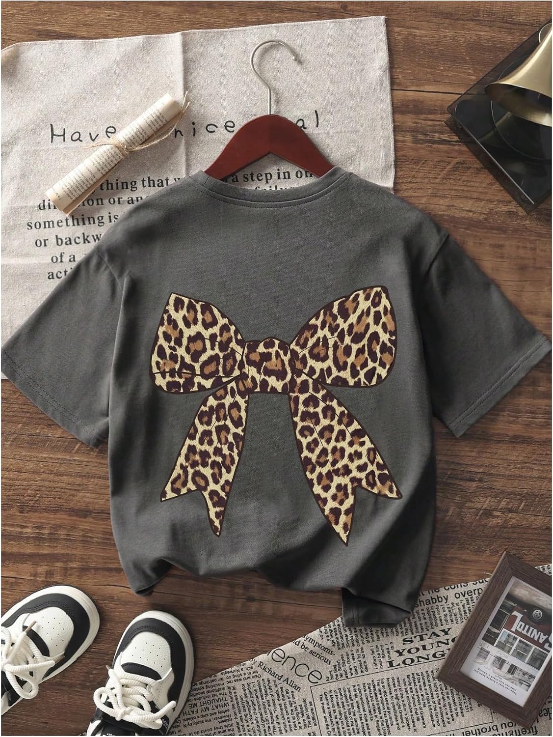 RoseSeek Girl's Leopard Bow Graphic Tees Preppy Baggy T Shirt Summer Tops image 3