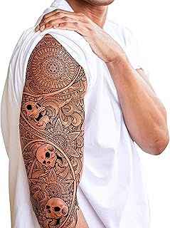 2 x Temporary tattoo full arm skulls gothic stick on body art transfer for women and men cosplay halloween adult fake temp tattoo halloween fancy dress party - Buy now