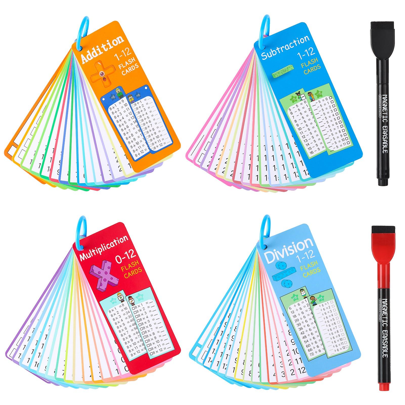 4 Pcs Time Tables Flash Cards 1-12, Times Table Poster with Multiplication, Division, Addition, Subtraction, Educational Math Game Flashcards for Kids Time Table Chart with 2 Dry Erase Markers