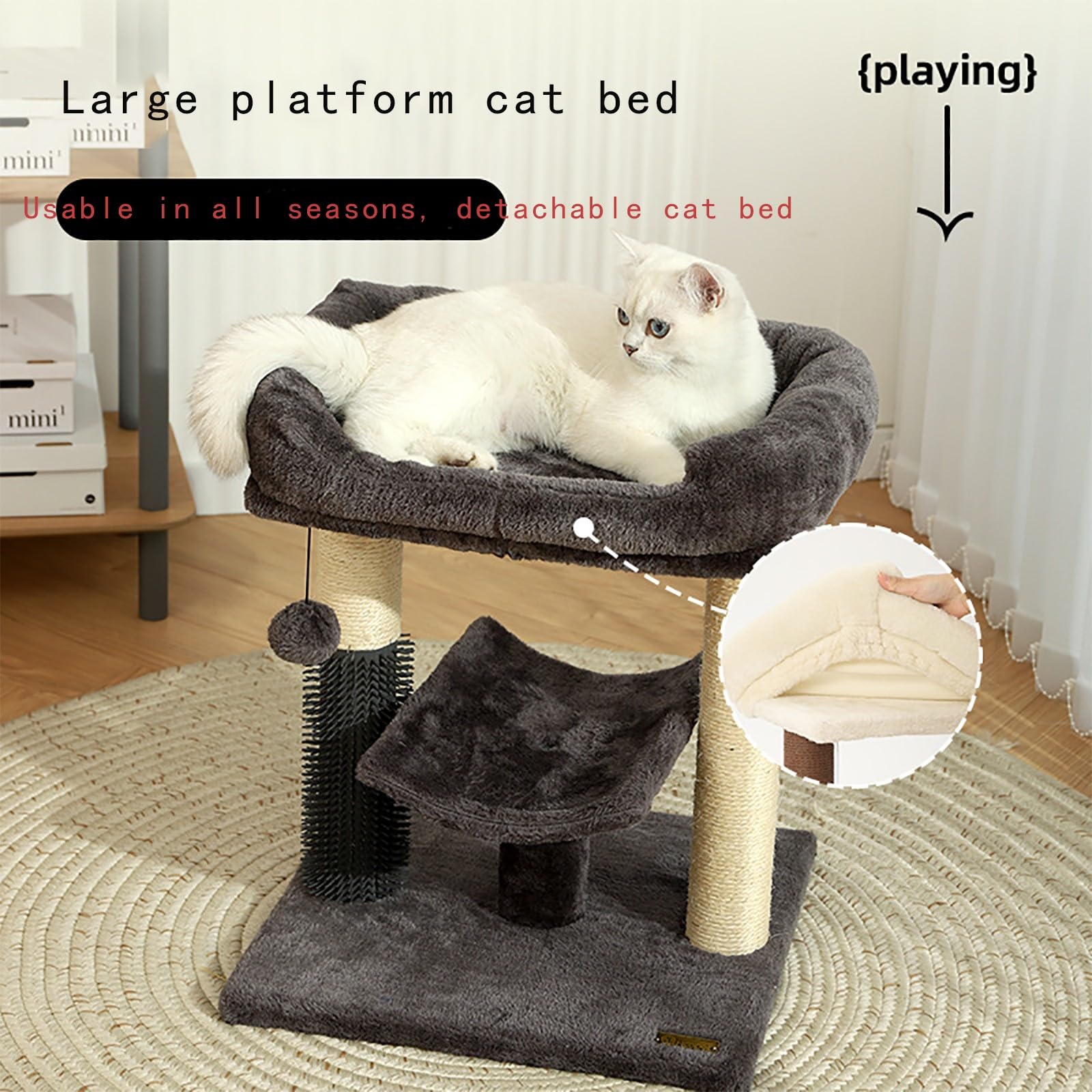 Torre de árbol para gatos de dos pisos, cama de felpa para gatos, árbol pequeño para gatos de interior, centro de actividades, árbol trepador, muebles para gatos con bola de juguete divertida, gris A,