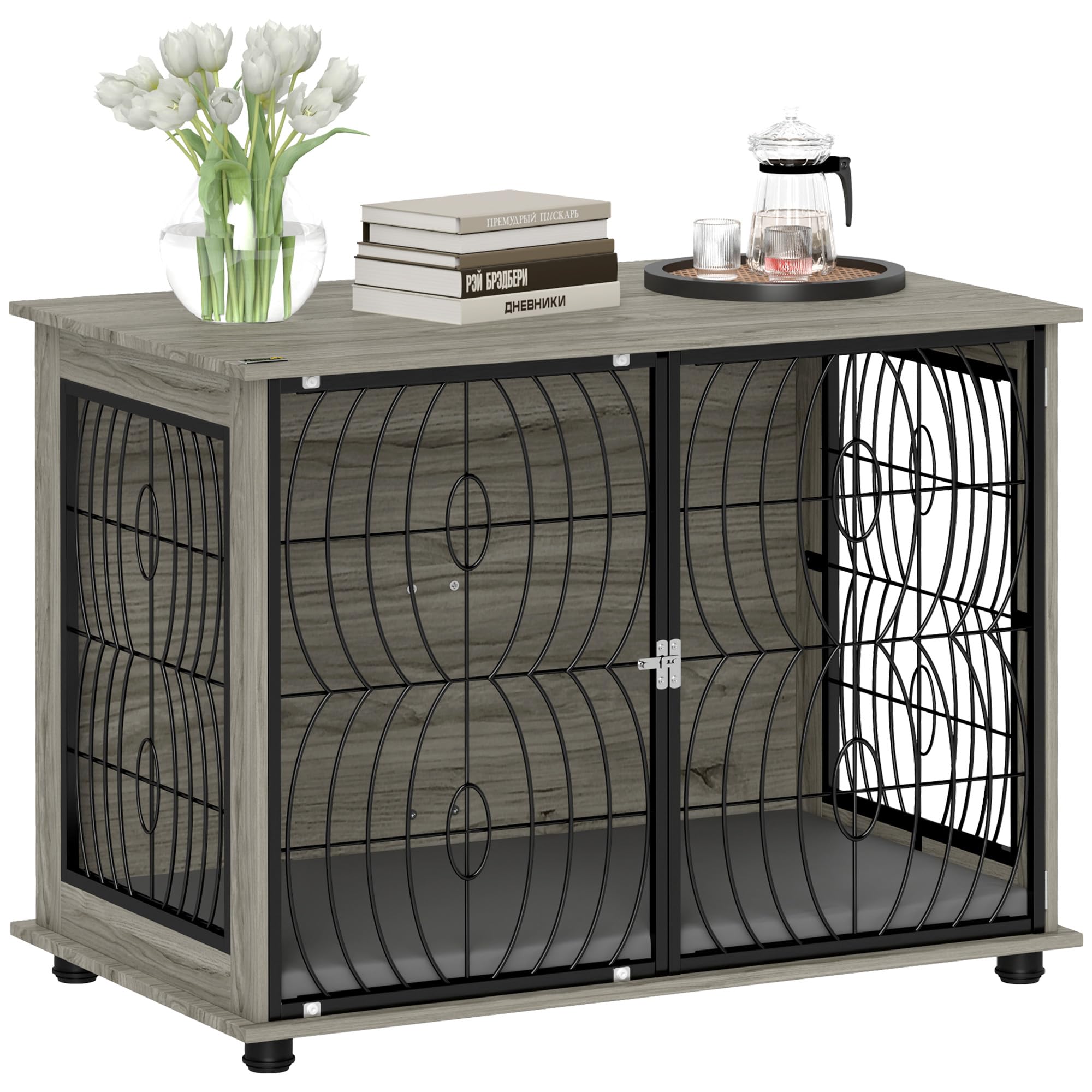 PawHut Jaula para perros para el hogar, caseta para perros, interior con cojín, casa para perros con ventana, caja para perros grandes, gris, 100 x 60 x 73,5 cm