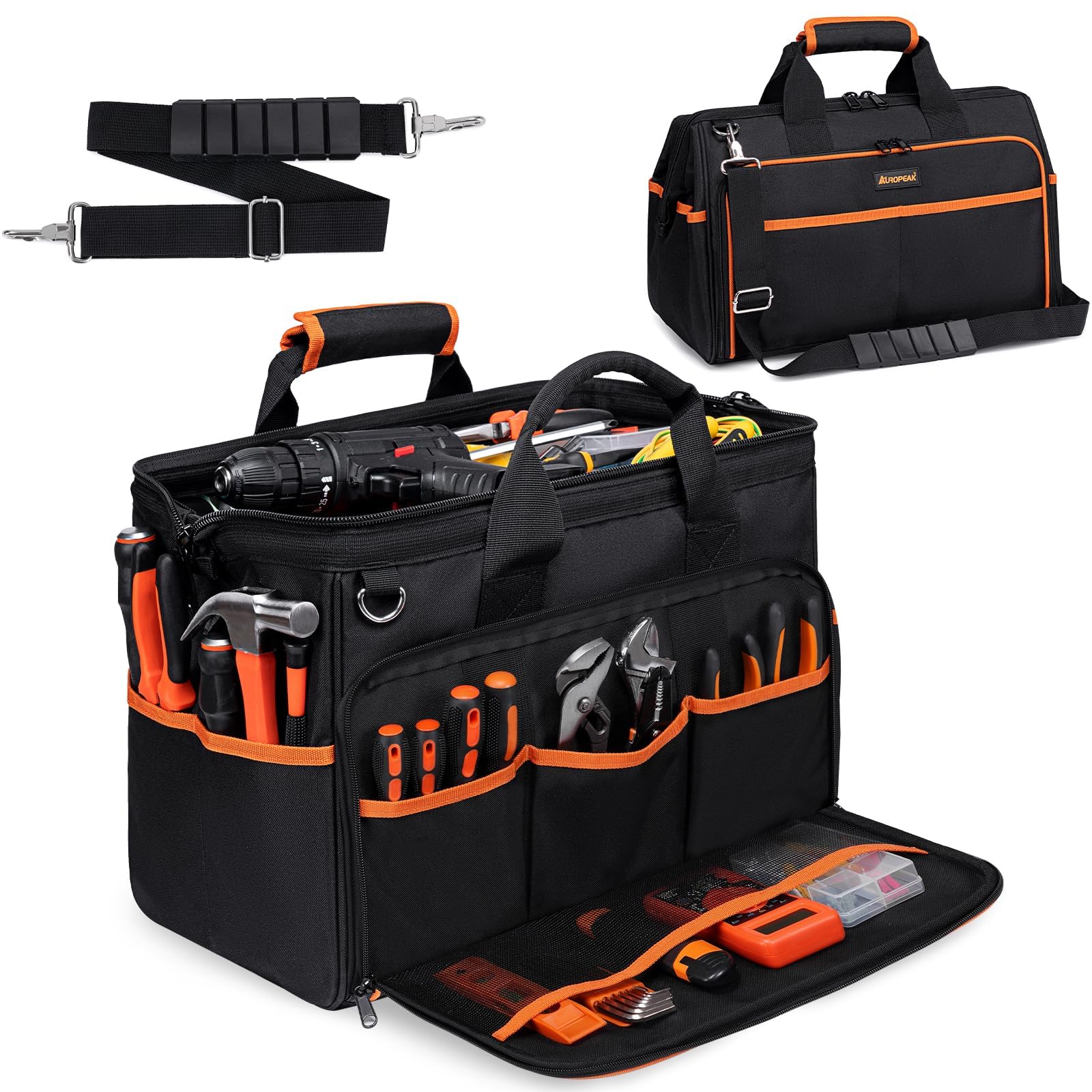 Heavy Duty Tool Bag 17.3-Inch, 26-Pocket Large Tool Bags for Men