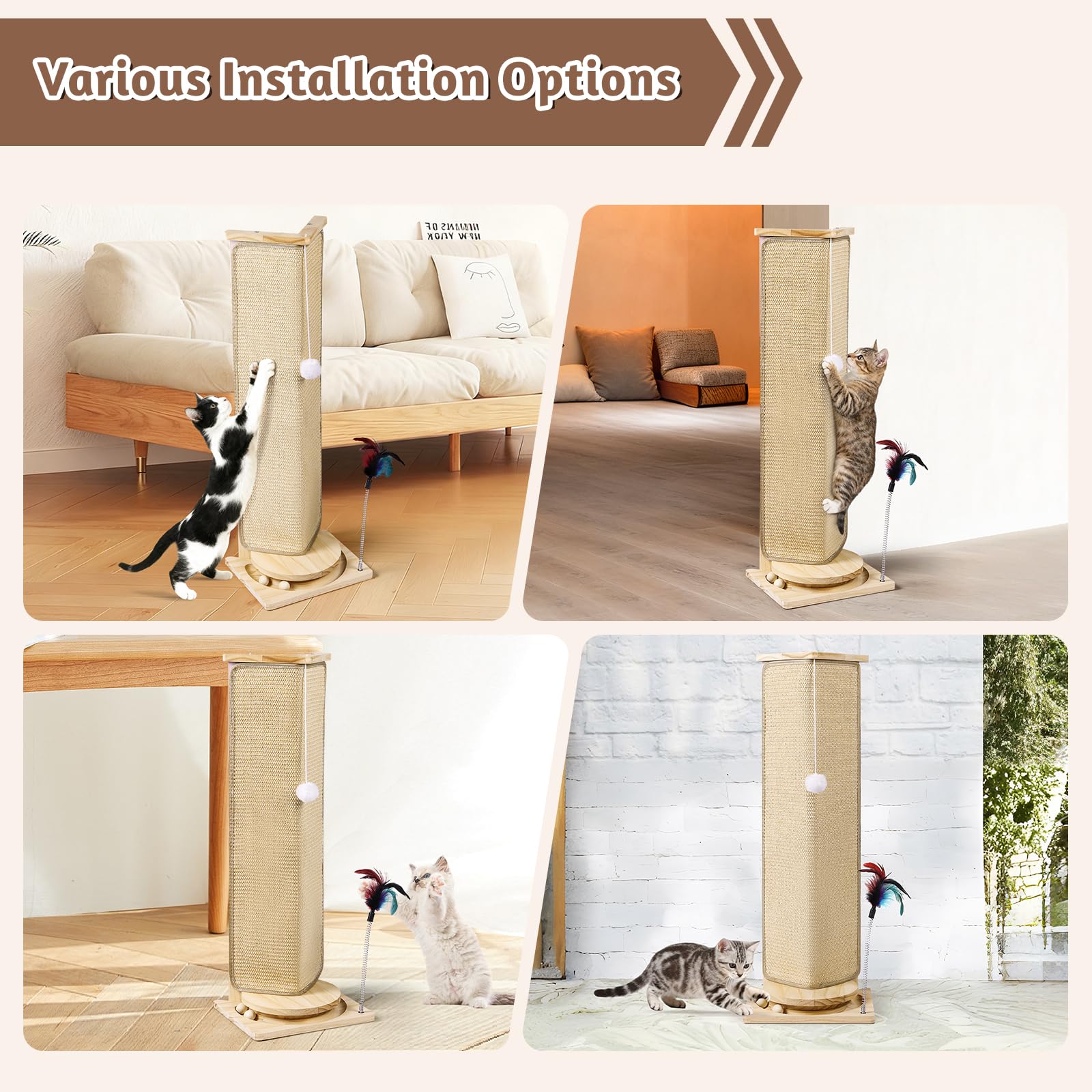 Rascador de esquina para sofá, poste rascador para gatos de 31 pulgadas de alto con juguetes interactivos, almohadilla de sisal reemplazable para gatos de interior, protector de muebles para