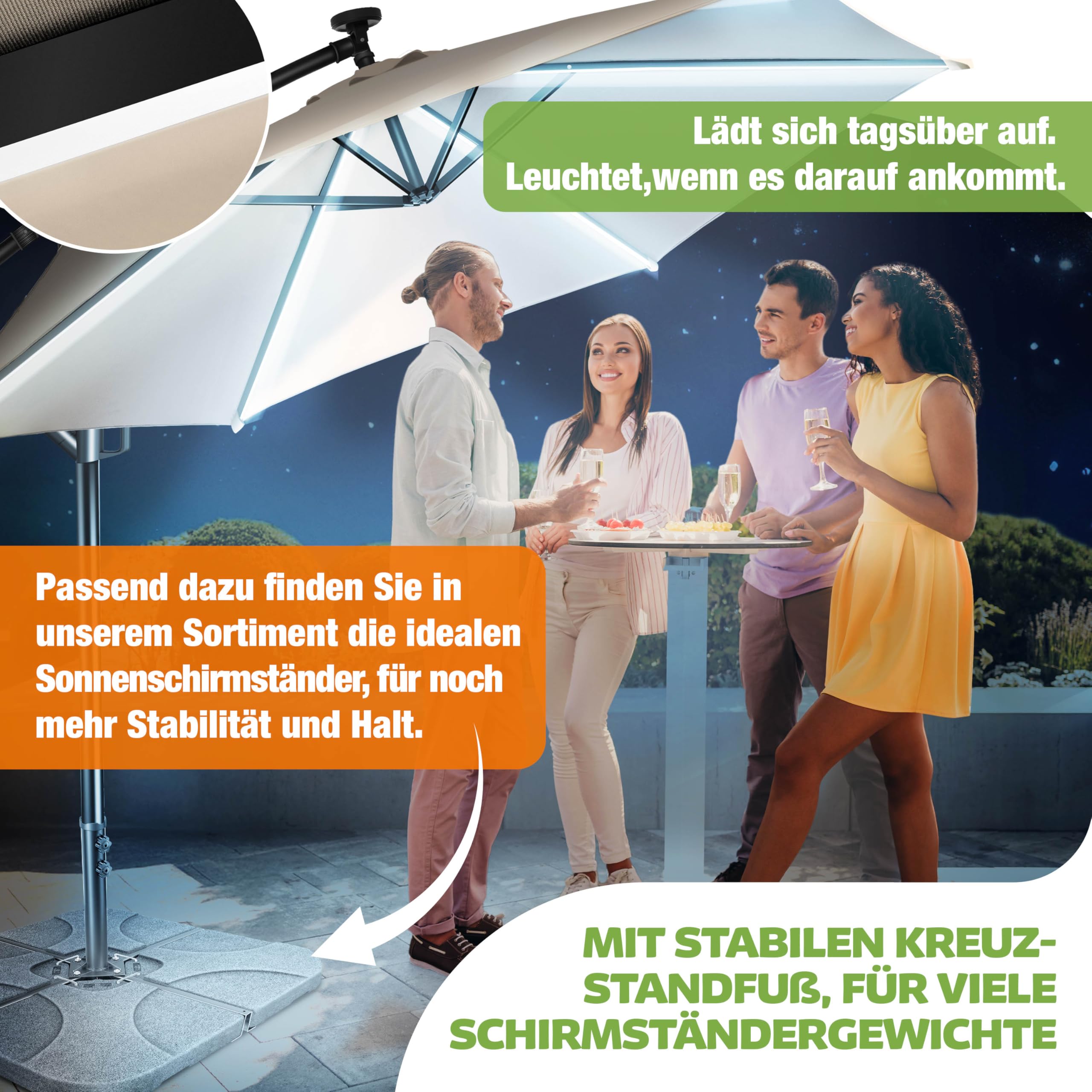 KESSER® Sombrilla LED Solar Aluminio 350cm Incluido Funda Control Remoto & Manivela | Parasol con Soporte Función 360° Protección UV Repelente Agua para Jardín Terraza Mercado Beige