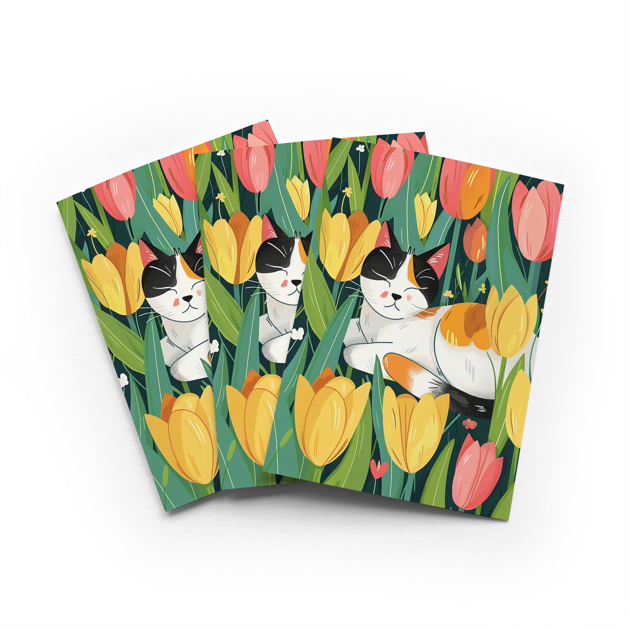 Calico Cat Tulip Field Greeting Card Floral Feline Any Occasion Set of 3 Blank Inside 5x7 Inch 13x18 cm