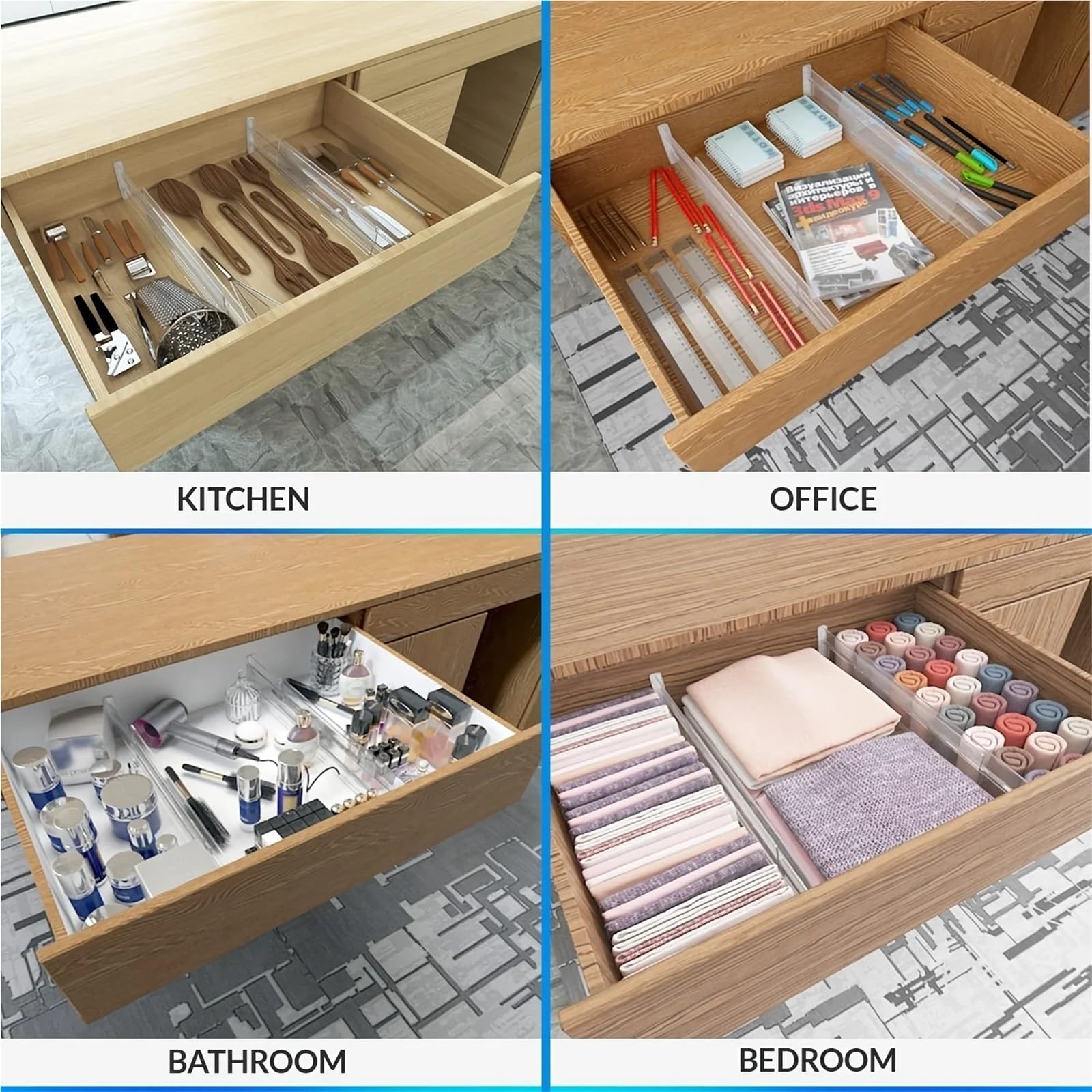 Separadores de cajones transparentes, organizador ajustable for ropa, cocina, cosméticos oficina, bueno for almacenamiento ordenado, 4/5/6 Uds(4pcs)