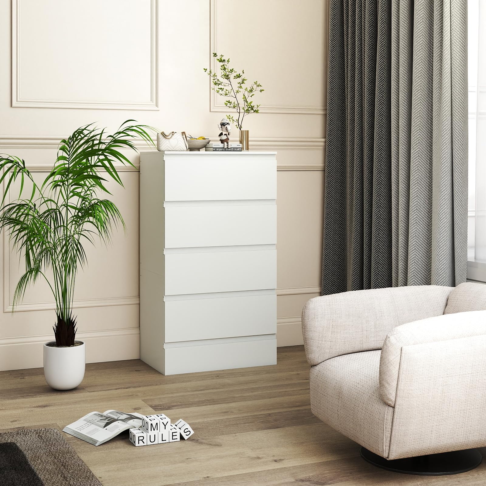 Cajonera, Ancho 60 cm, Armario con 5 Cajones, Muebles Dormitorio, Ideal para Salón, Dormitorio, Habitación Infantil, Despacho, Blanco, 60 cm × 40 cm × 120 cm