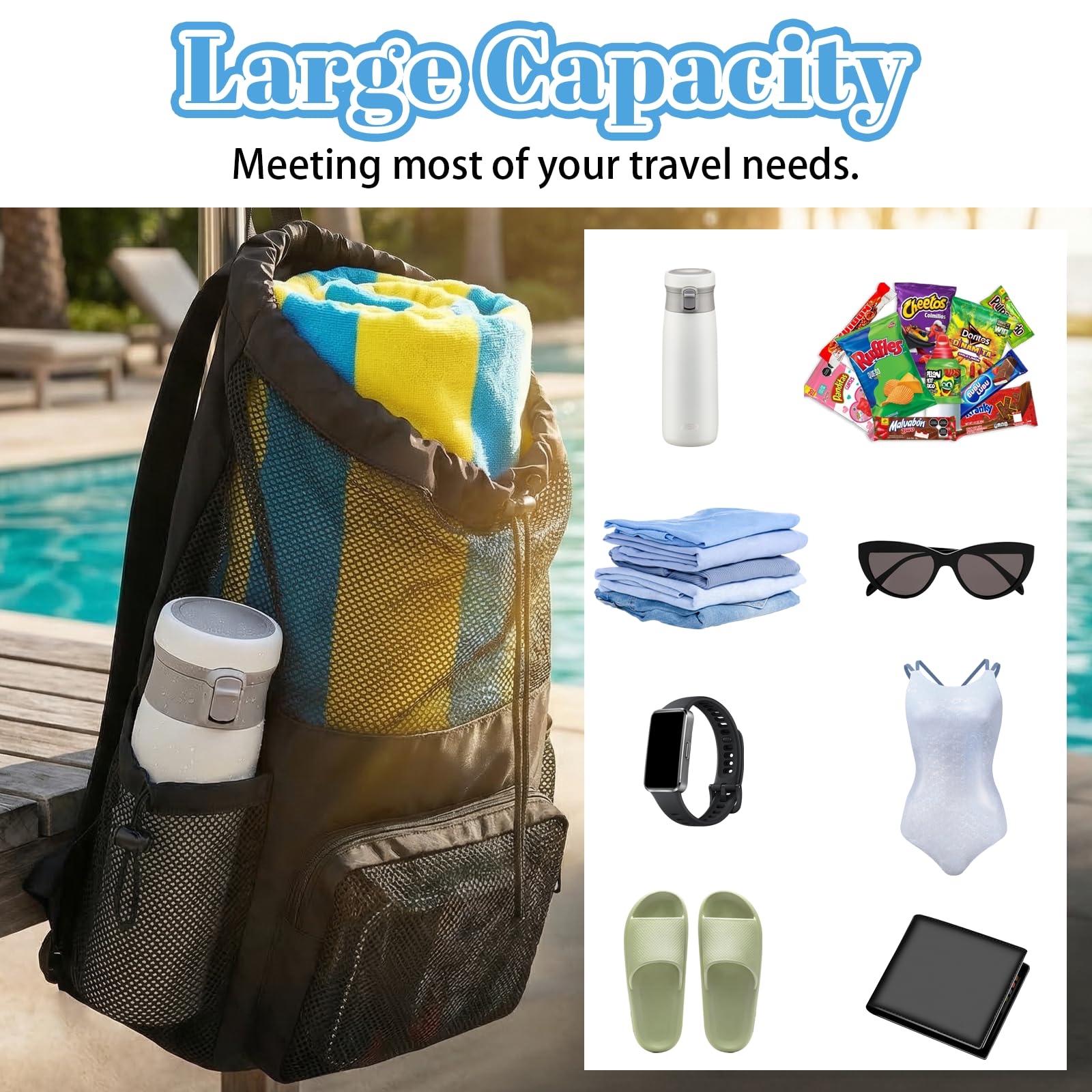 Mochila de malla para natación con cordón, Bolsa de playa ajustable para hombres y mujeres