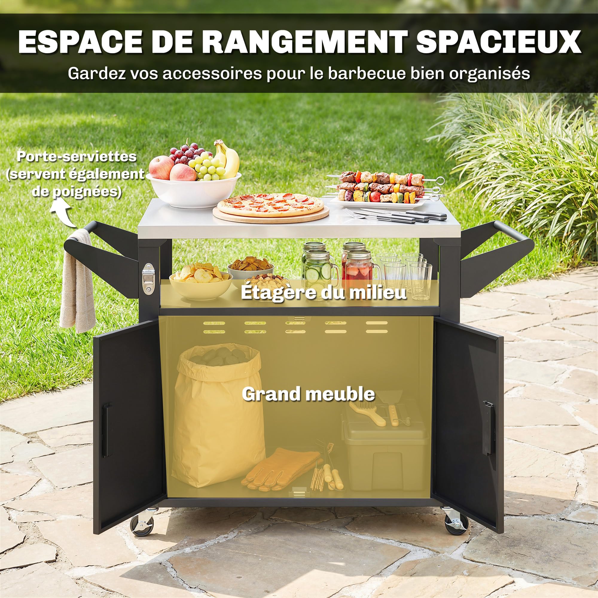 Outsunny Desserte Jardin avec Plan de Travail Inox - Chariot Barbecue à Étagère Coulissante - Meuble Cuisine Extérieur avec Armoire de Rangement pour Table Four à Pizza et Plancha, Noir