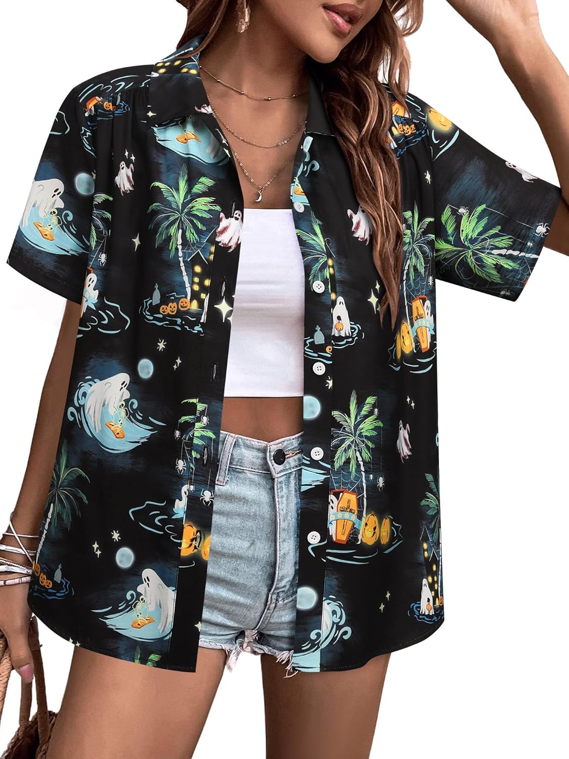 Womens Halloween Hawaiian Shirt Cute Pumpkin Ghosts Print Button Down Shirts Short Sleeve Loose Fit Castle Blouses Tops