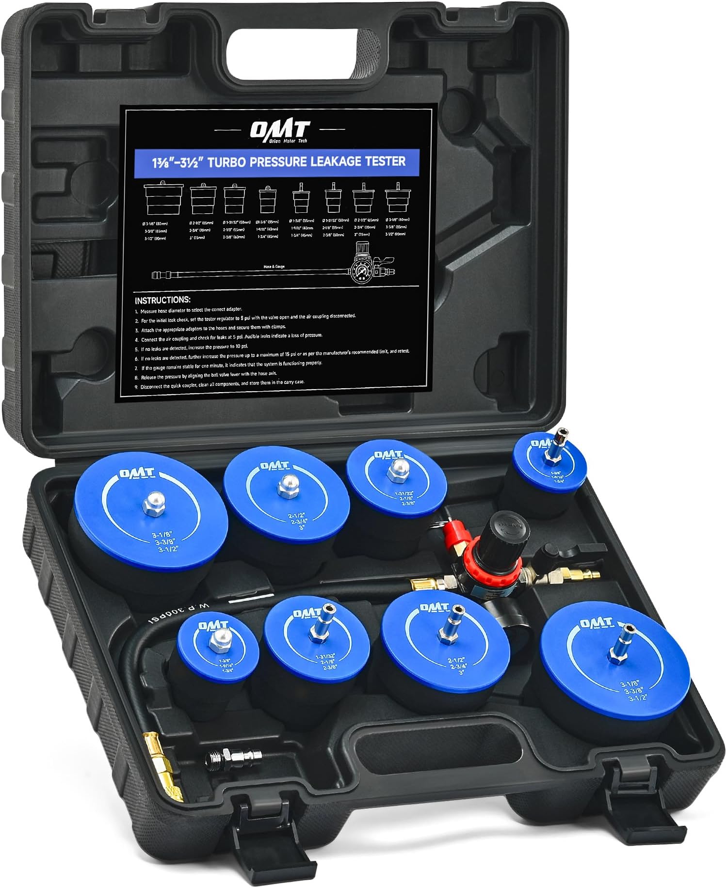 Orion Motor TechTurbo System Leakage Tester Kit, 10pc Turbo Boost Leak Tester Set with 4 Pairs of Stepped Adapters 1-3/8" to 3-1/2", Turbo Pressure Leakage Tester for Cooling Emissions Exhaust Pipes