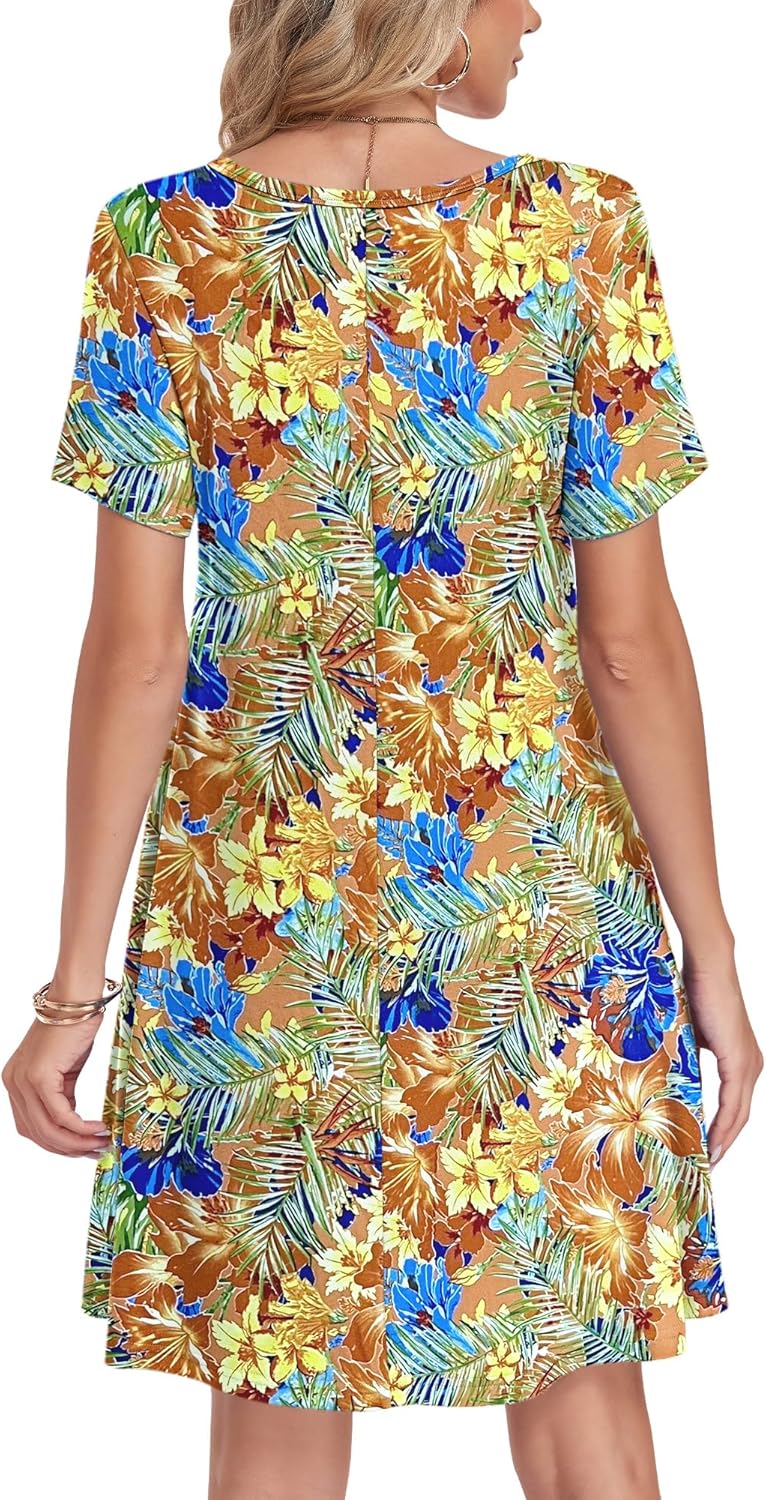 AUSELILY Tshirt Dress Women Swing Floral Short Sleeve V Neck Vacation Beach Mini Dress with Pockets - Image 3