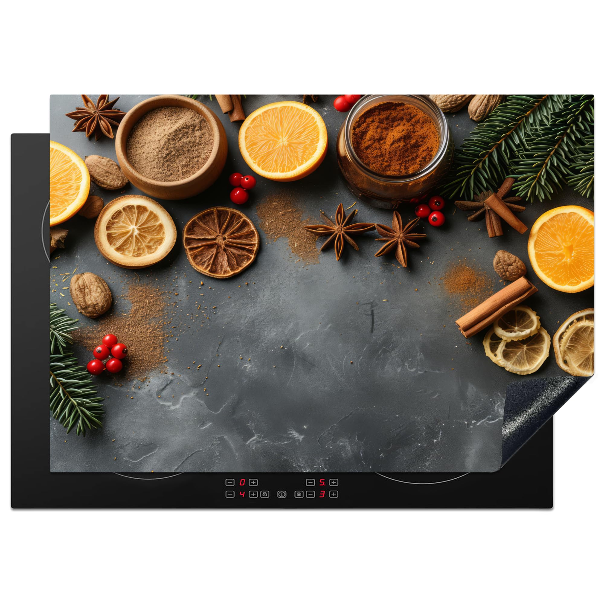 KitchenYeah© Induction Hob Protector Mat 20.5"x29.5" / 75x52 cm Cooker Top Protectors Cover Ceramic Covers Electric Hobs Vinyl Fruit - Spices - Concrete - Orange — image 1