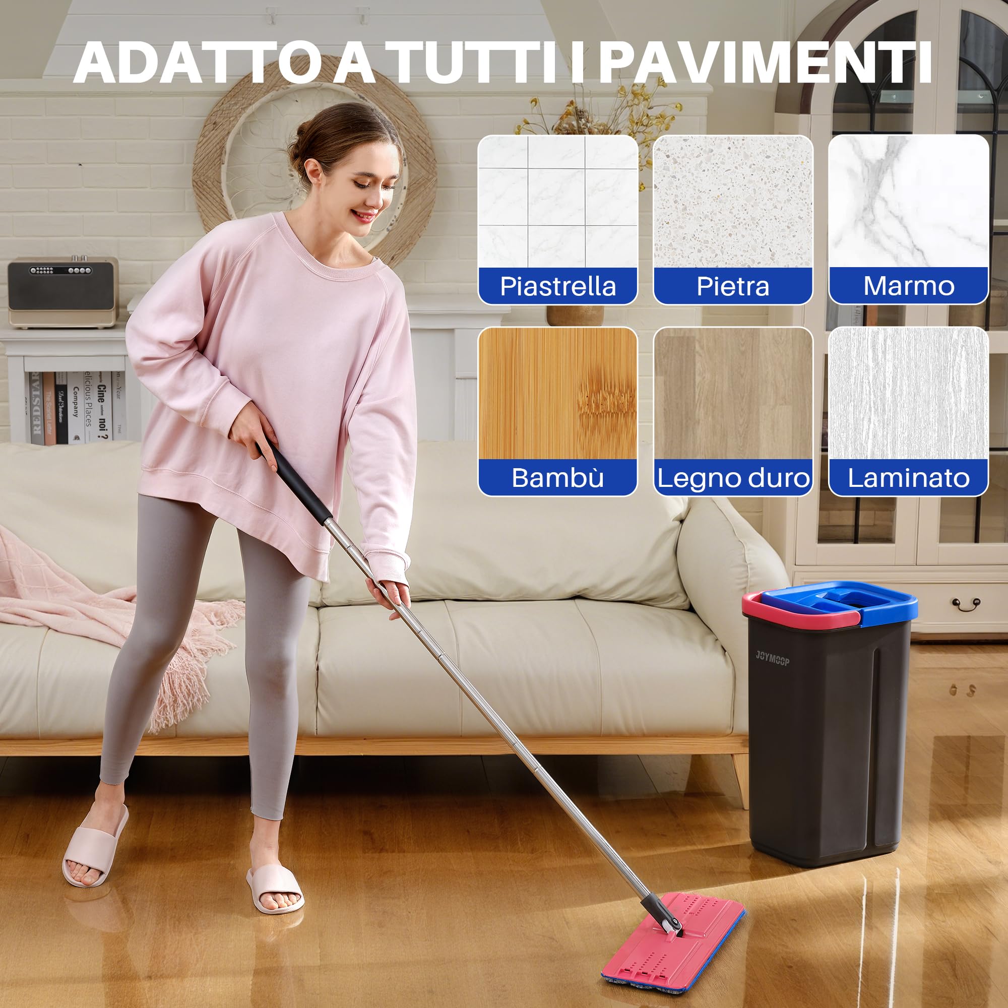 JOYMOOP set mocio lavapavimenti e secchio per casa, sistema autopulente mani libere, 3 panni in microfibra riutilizzabili, per pavimenti e pareti - Nero + Rosso + Blu Ardesia