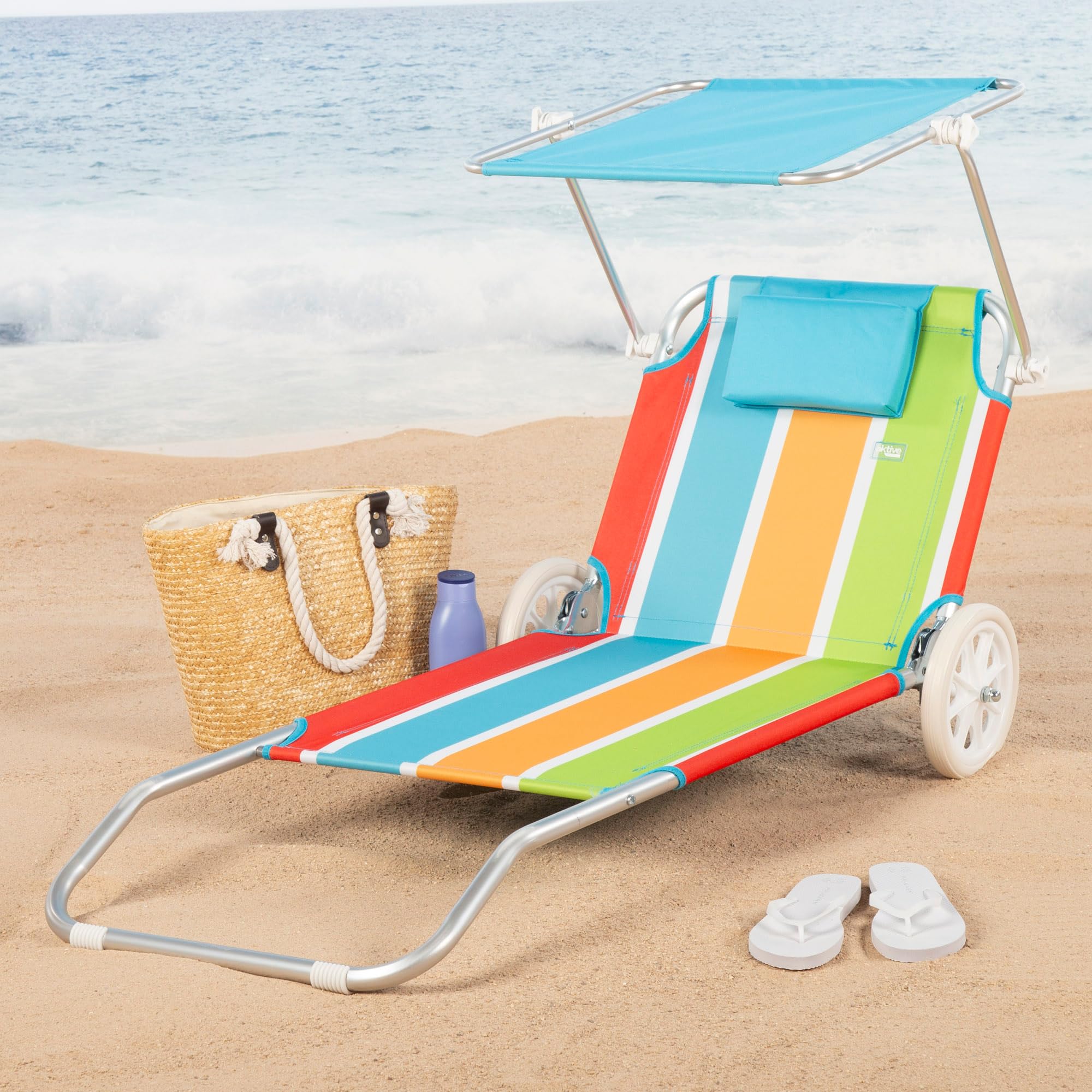 AKTIVE Carrello sdraio da spiaggia, 62x117x62 cm, 2 in 1, Include ombrellone rimovibile, Cuscino imbottito, Tasca in rete, Telaio in alluminio, Tessuto in poliestere