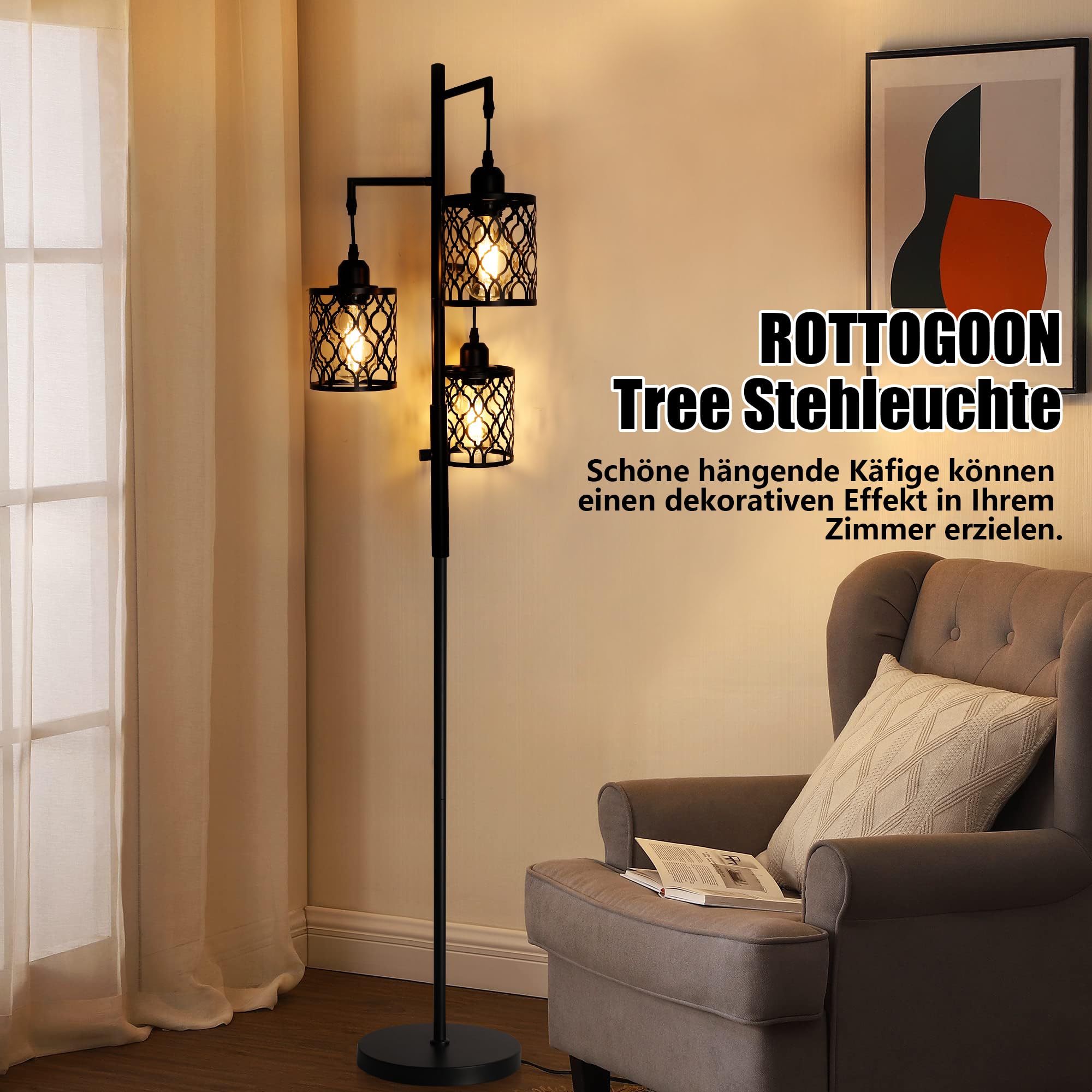 ROTTOGOON Dimmbare 3 flammige Landhaus Standleuchte 172cm Industrielle Stehlampe mit 3x6W LED für Wohnzimmer Schlafzimmer Büro Rustikale Stehleuchte Schwarz