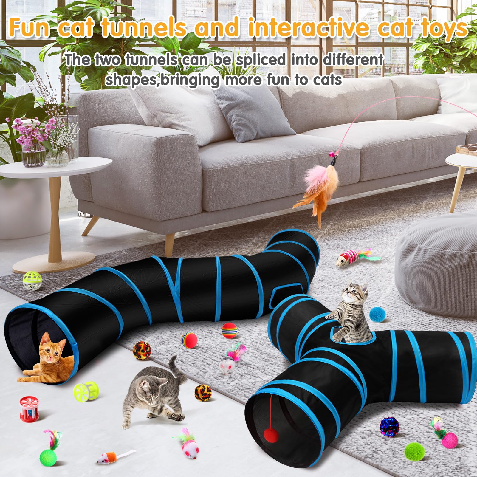 Poen Lot de 22 jouets pour chat avec 2 tunnels pliables et 20 jouets interactifs en plumes pour chat, souris moelleuse, balles froissées, pour chat, chaton et chiot (bleu, noir)