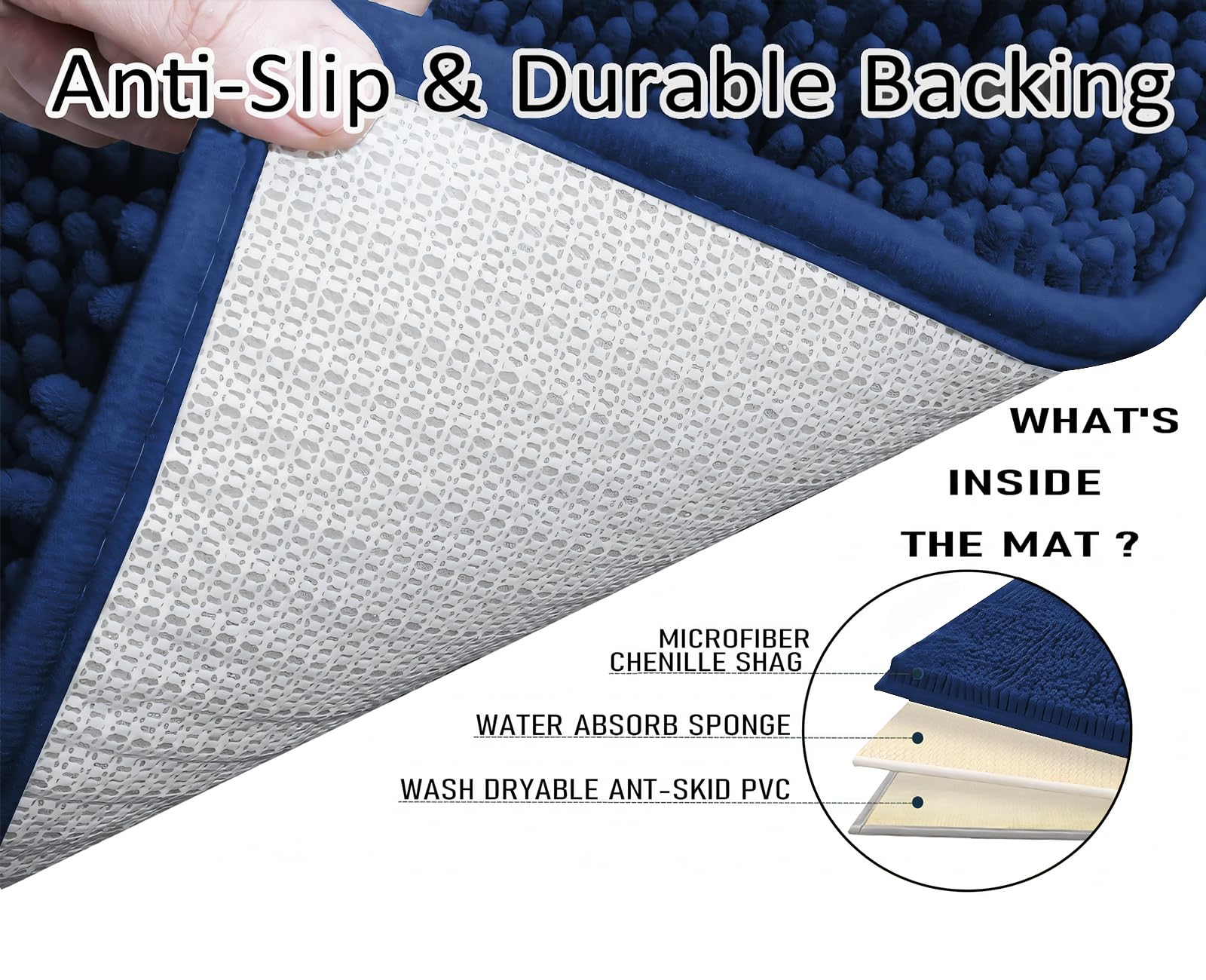 RUN HELIX Chenille Bath Mats Sets 3 Piece, Soft Absorbent Chenille Bath Mats, Non-Slip Bath Rugs, U-Shaped Toilet Mats - Image 3