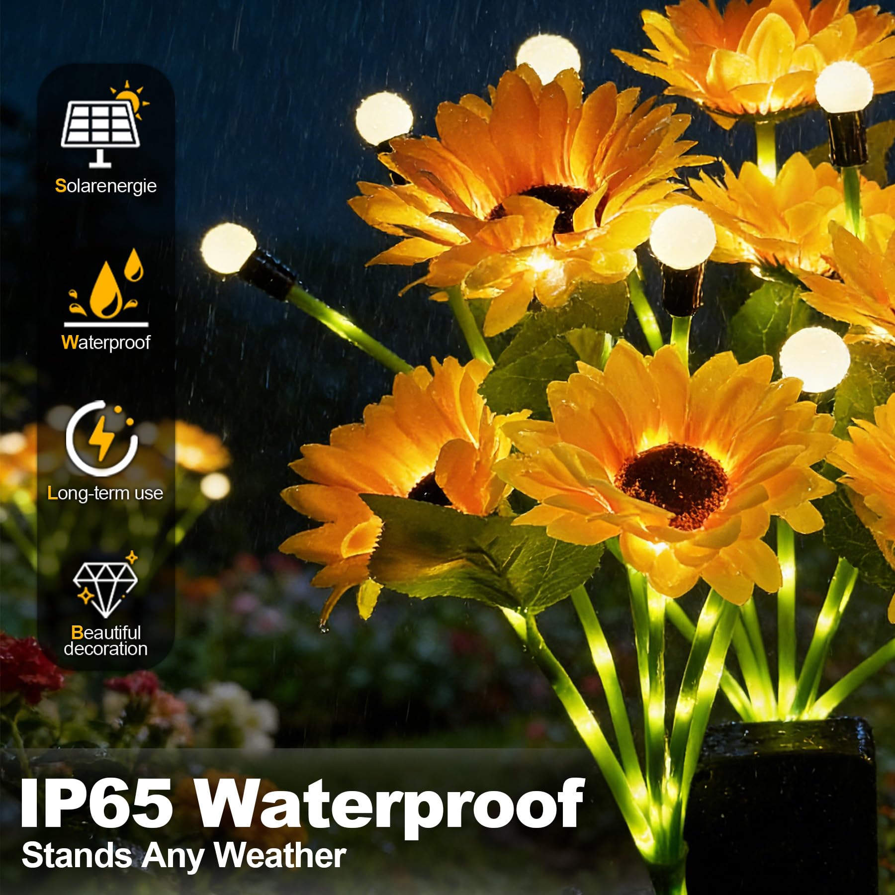 VEEKAY Luci Solari da Giardino,4 Pezzi Girasole Luce Solare Esterno, Luce Solare LED Esterno,IP65 Impermeabile Lampade Solari da Giardino,per Patio,Prato