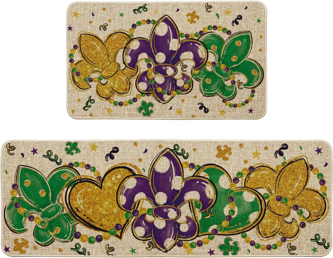 Artoid Mode Irises Beads Love Mardi Gras Kitchen Mats Set of 2, Home Decor Low-Profile Kitchen Rugs for Floor - 17x29 and 17x47 Inch