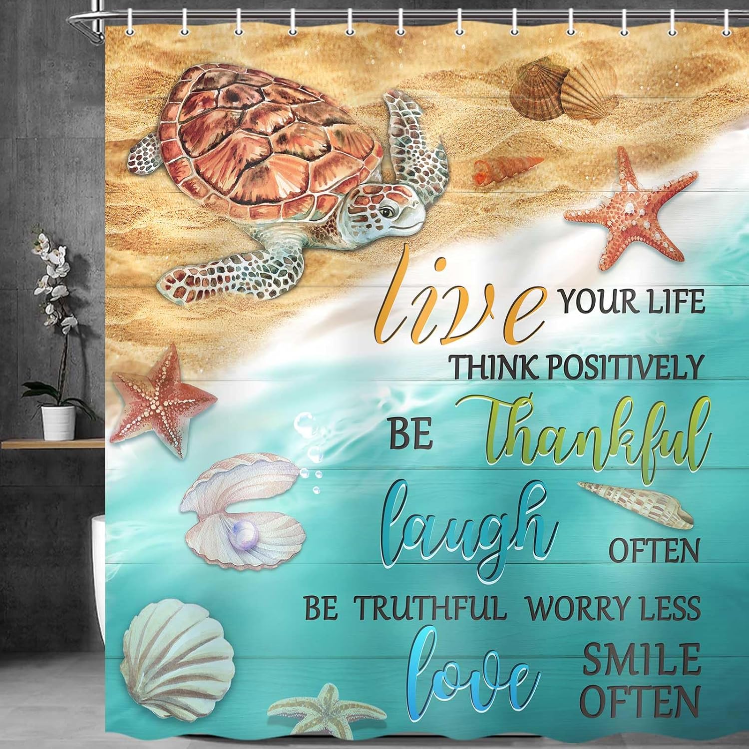 MERCHR Beach Shower Curtain, Sea Turtle Shower Curtain Set with Hooks, Coastal Ocean Nautical Fish Rustic Vintage Fabric Bathroom Curtains, 71X84 Inches