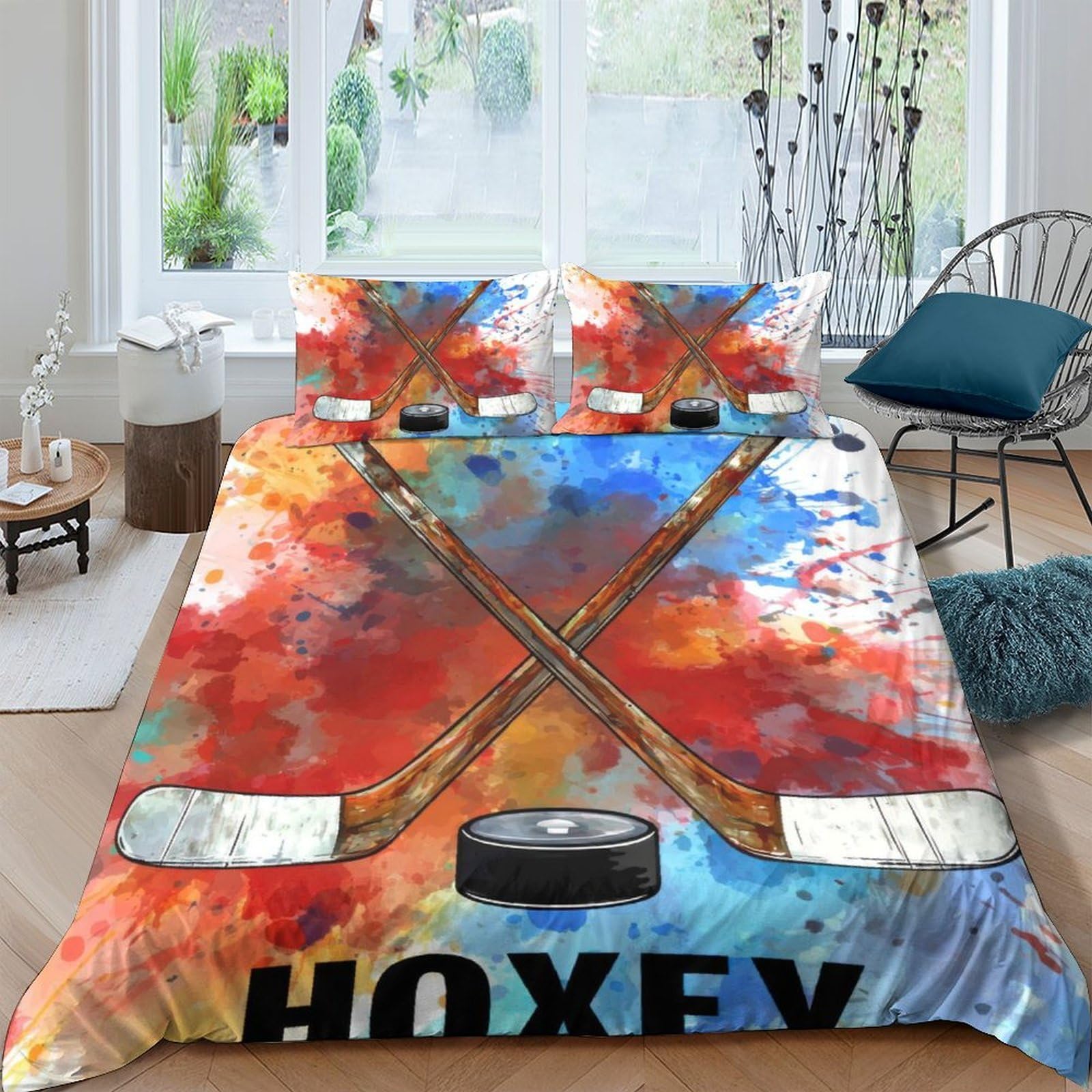 Ctjqhvkz Style-9 3D Printed Colorful Hockey Fitted Sheet Microfiber Soft Non-Slip Bed Sheet Ice Stick Mattress Cover For Bedroom Dorm Decor Single（135X200cm）