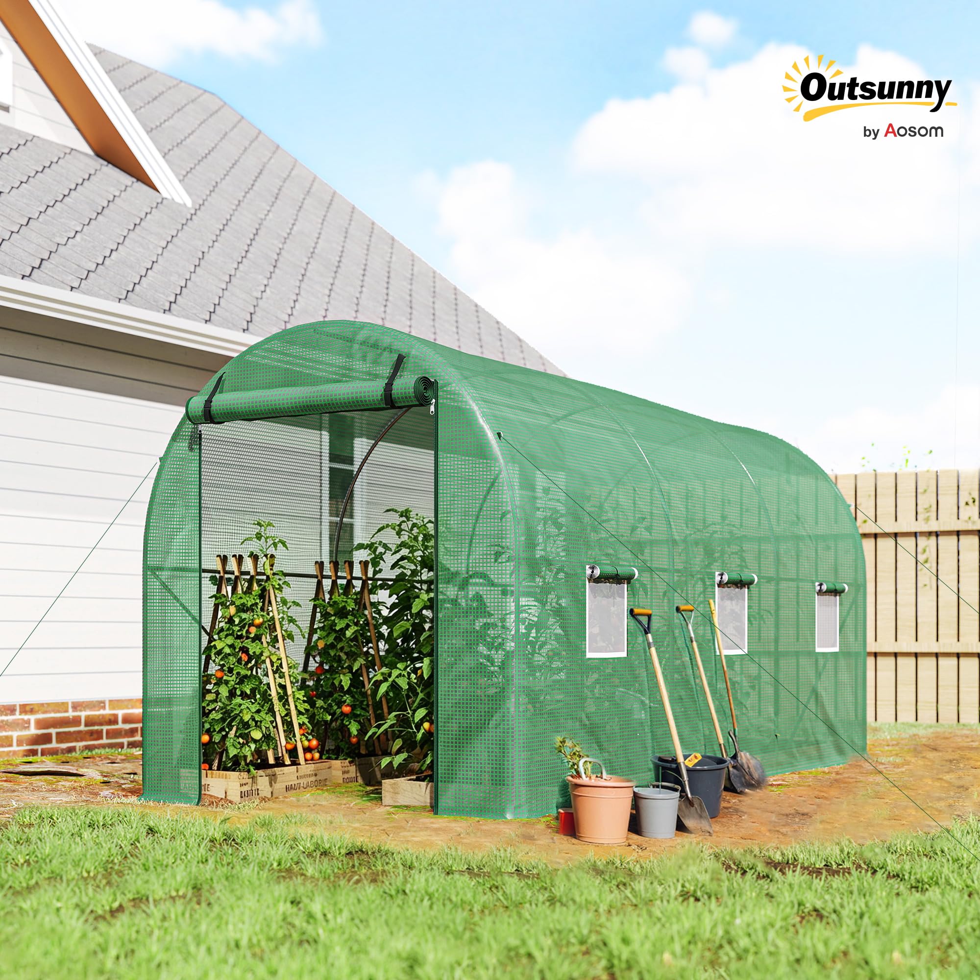 Outsunny serra a tunnel 4x2x2 m, porta arrotolabile, verde, camminabile