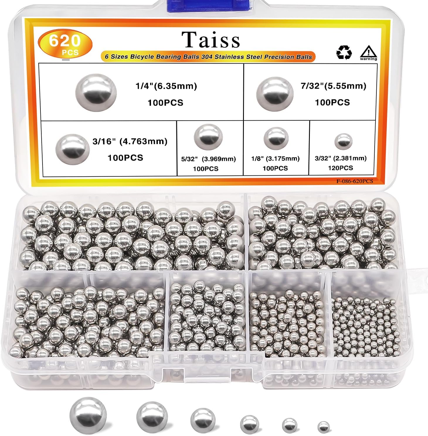 TAISS 620PCS 304 Stainless Steel Precision Balls Assortment Kit - 6 Sizes 1/4" to 3/32" for Bike Bearings, Casters, Locks