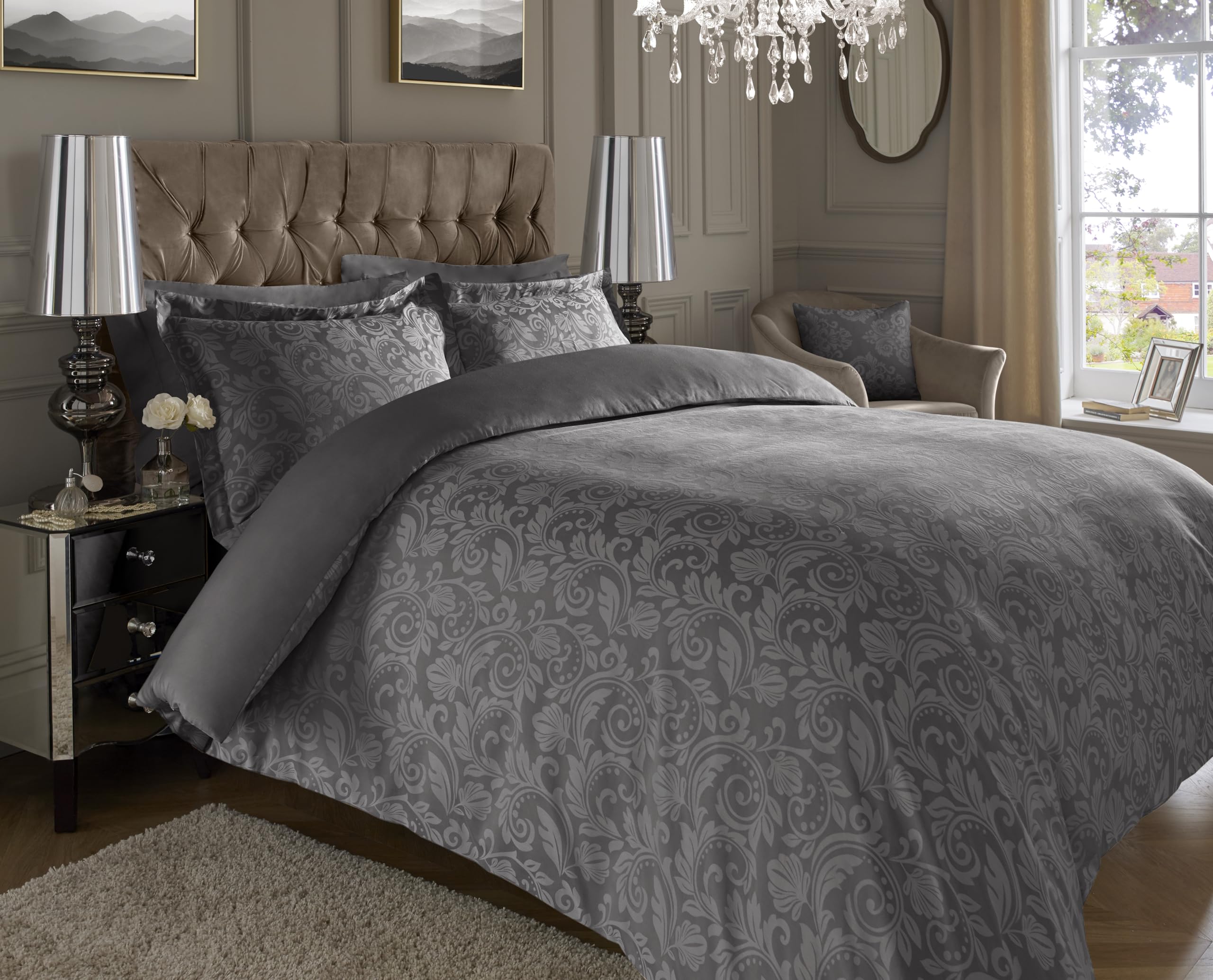 Lavish Label 600 Thread Count Floral Jacquard Duvet Set (260 x 220 CM) with 2 Oxford pillowcases (45 x 75 CM) | Cotton Rich Soft & Comfortable Bedding Set (Dark Grey, Super King)