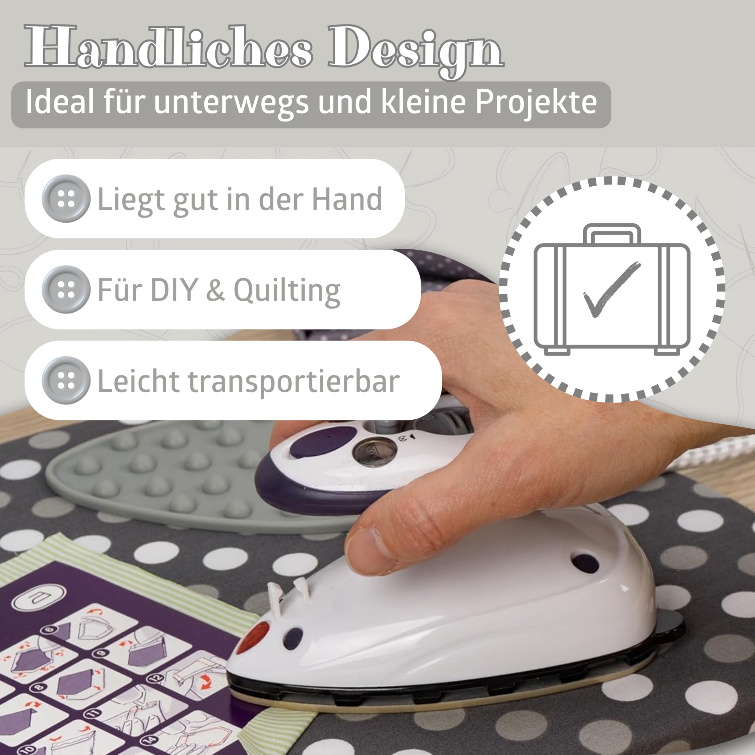 SEMPLIX Bügel Set – Bügelunterlage mit rutschhemmender Rückseite 30 x 40 cm, Mini Bügeleisenablage 10,5 x 15,5 cm, Prym Mini Dampf Bügeleisen (grün)