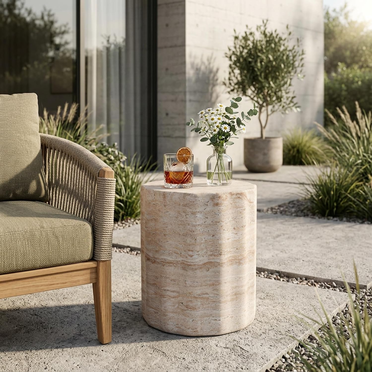 Faux Concrete Side Table Outdoor Faux Stone End Table, Round Outdoor Accent Tables, Garden Stool Plant Stand for Porch Patio, Backyard Brown