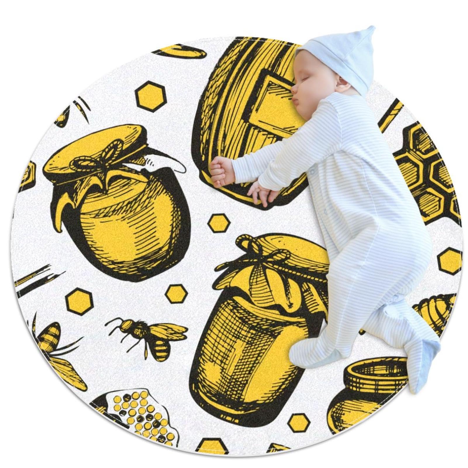 Tapis de salle de bain jaune rond 1m | Tapis nid d'abeille et miel