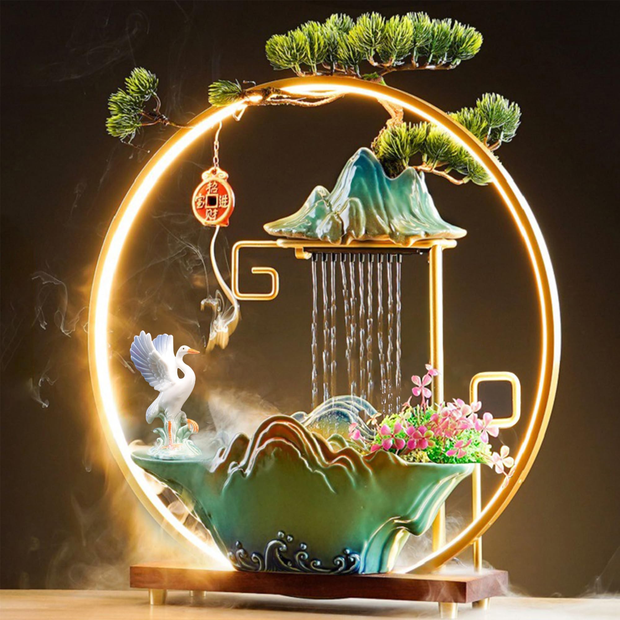 HSINYA Crane Tabletop Water Fountains Indoor Waterfall Desktop Fountain for Meditation with Mist Japanese Fountain with Fake Plants Feng Shui Office Home Decor for Good Luck Wealth (Crane)