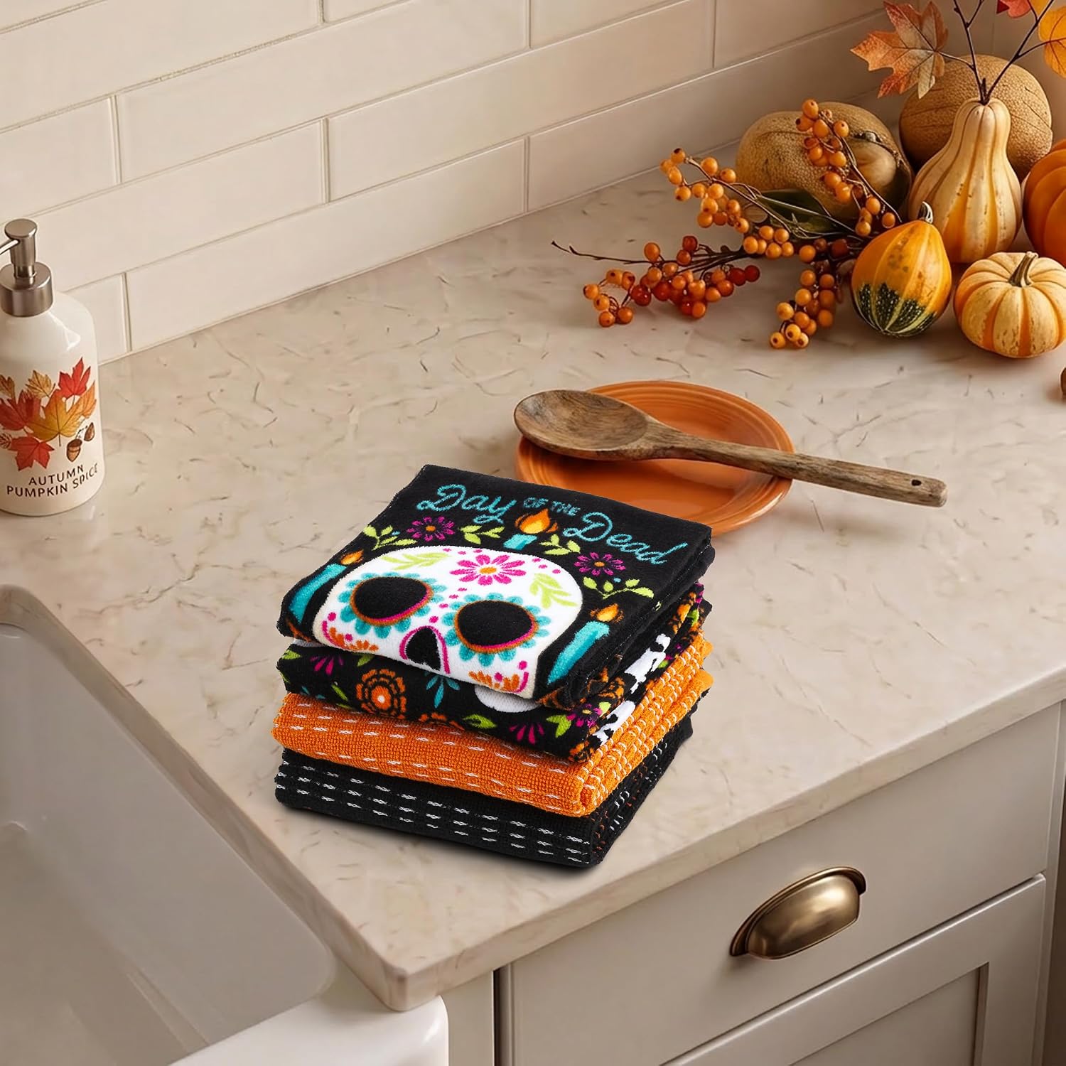 Ritz 4-Piece Day of the Dead Kitchen Towel Set, Sugar Skull & Floral