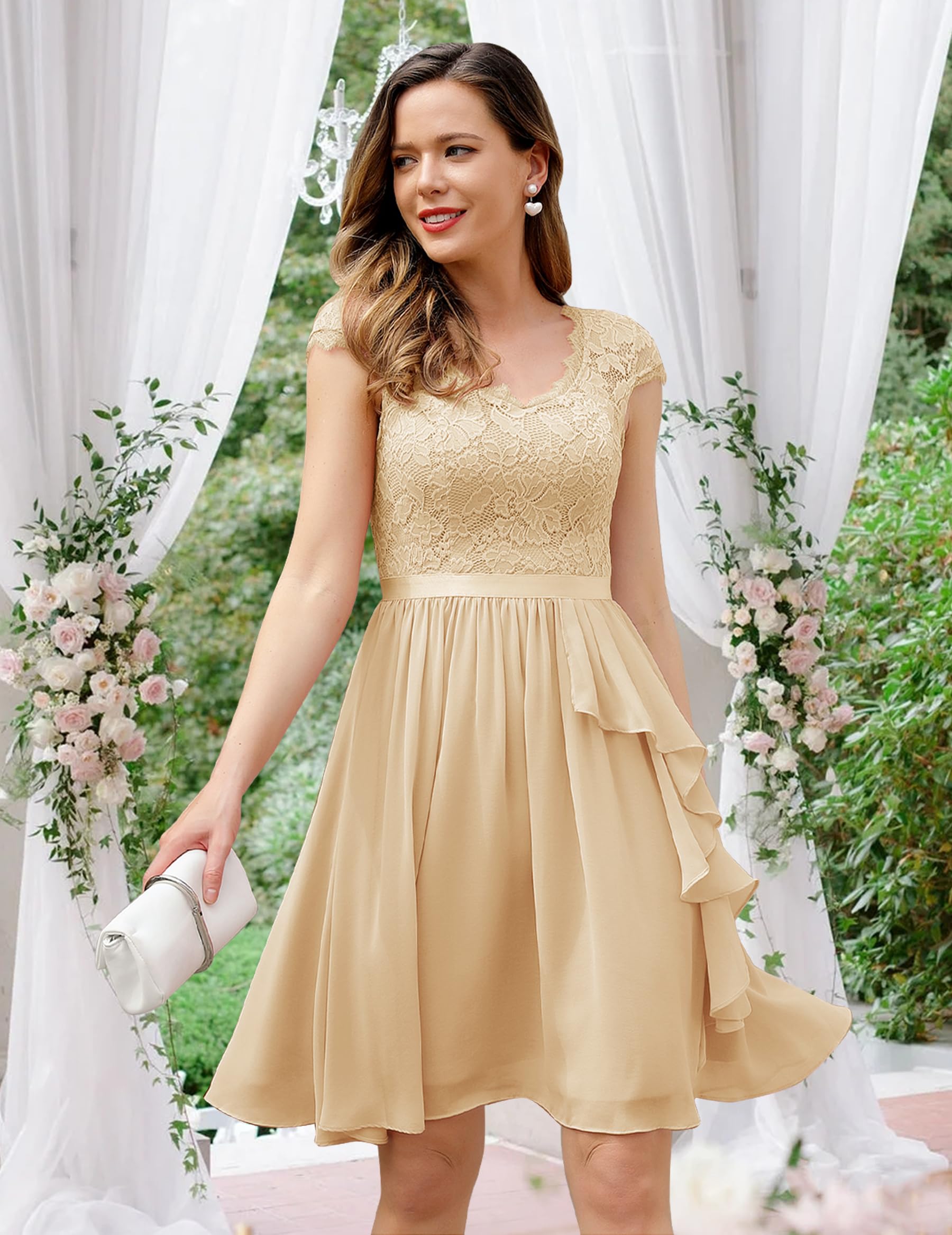 Wedtrend Robe de Soirée Femme à Volant avec Mousseline de Soie en Dentelle Chic pour Mariage