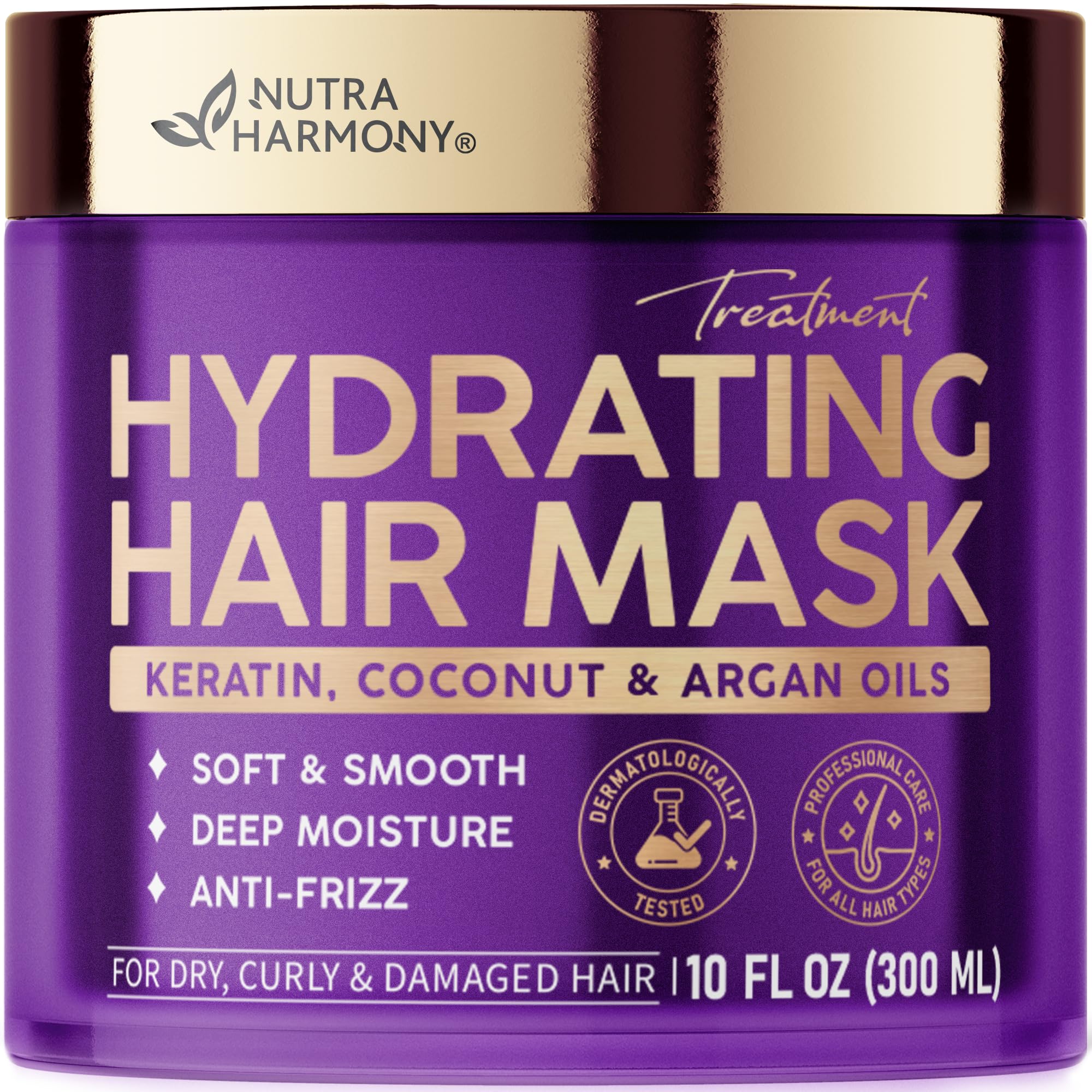 Hydrating Hair Mask - Deep Conditioning Treatment for Dry, Frizzy & Damaged Hair - Keratin Mask with Coconut & Argan Oils, Collagen & Wheat Protein - Smooths, Softens & Controls Frizz, Curl-Safe, 10oz