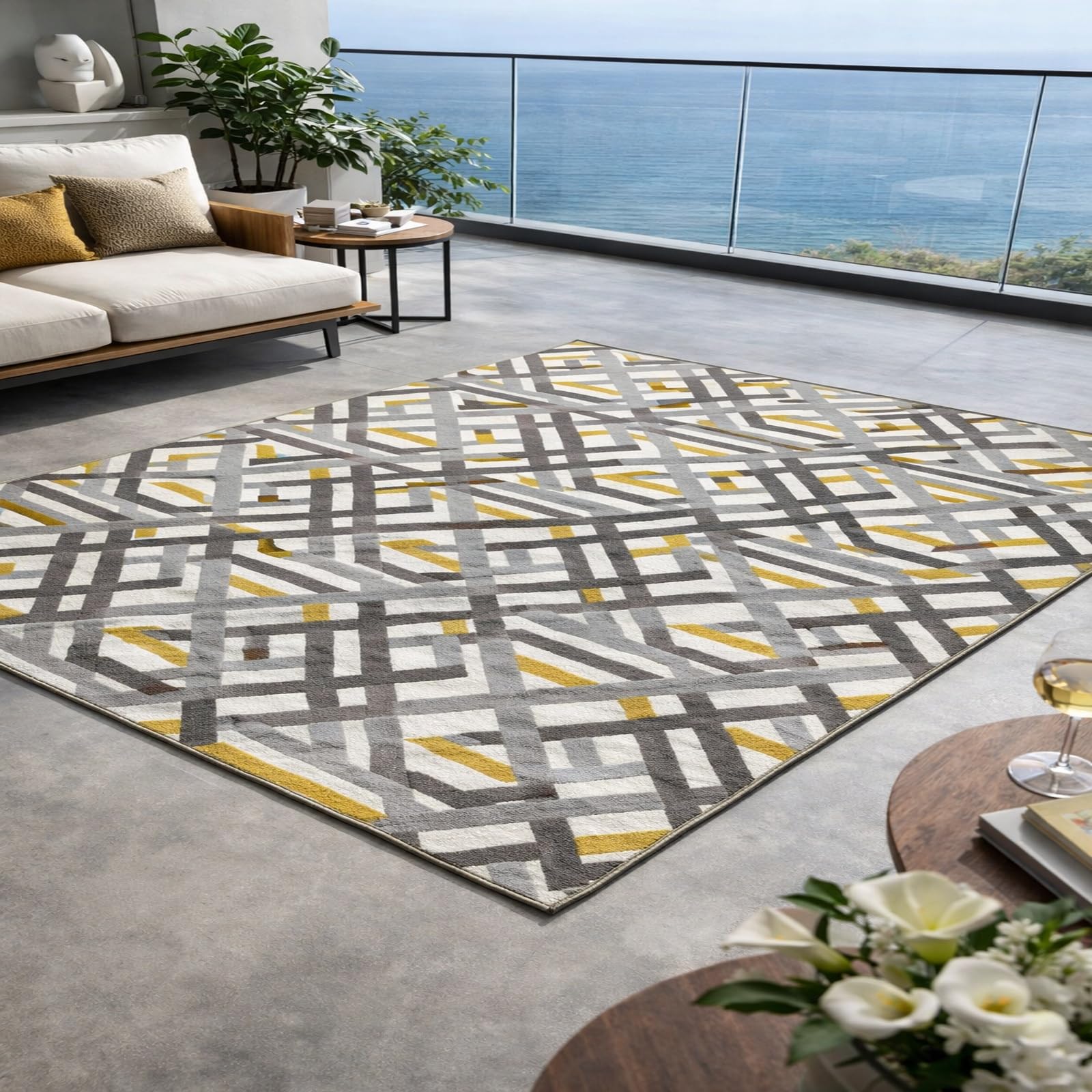 Tapis moderne rectangulaire 140 x 160 cm à poils ras décoratif jaune gris