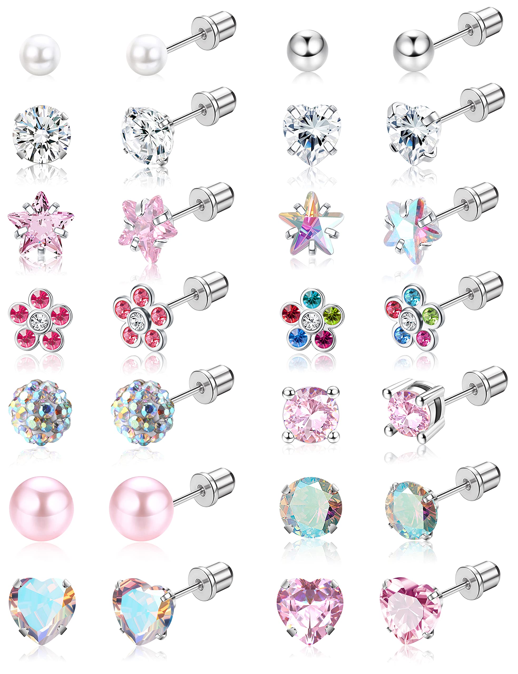 JeweBella14 Pares Pequenos Pendientes para Mujeres Niñas Acero Quirúrgico 316L Hipoalergénicos Pendientes Perlas Flor Corazón Circón Multicolor Juego de Pendientes