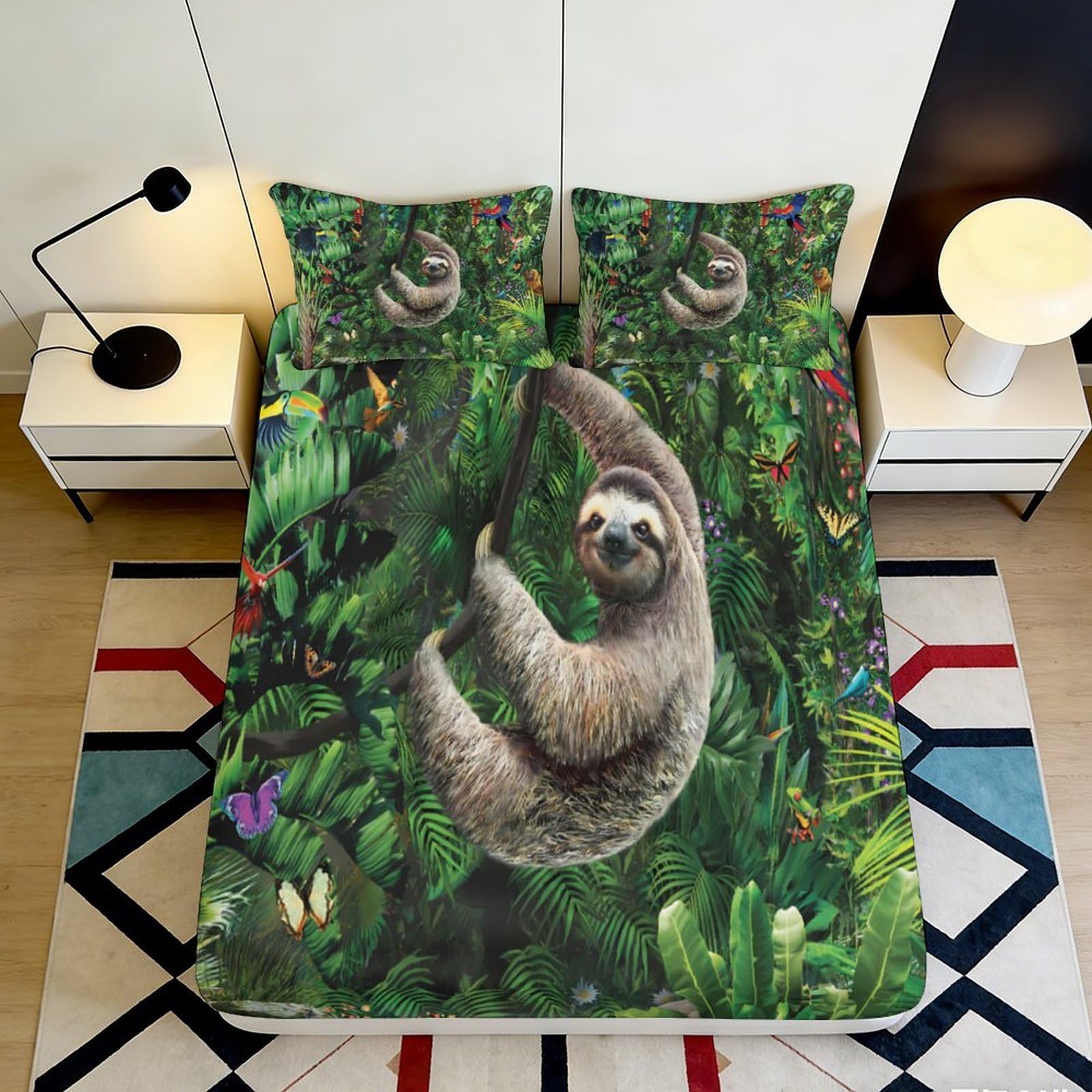 3D Printed Jungle Sloth Fitted Sheet Microfiber Forest Animal Mattress Cover Non-Slip Washable for Bedroom Guest Room Decor 90x200x25cm