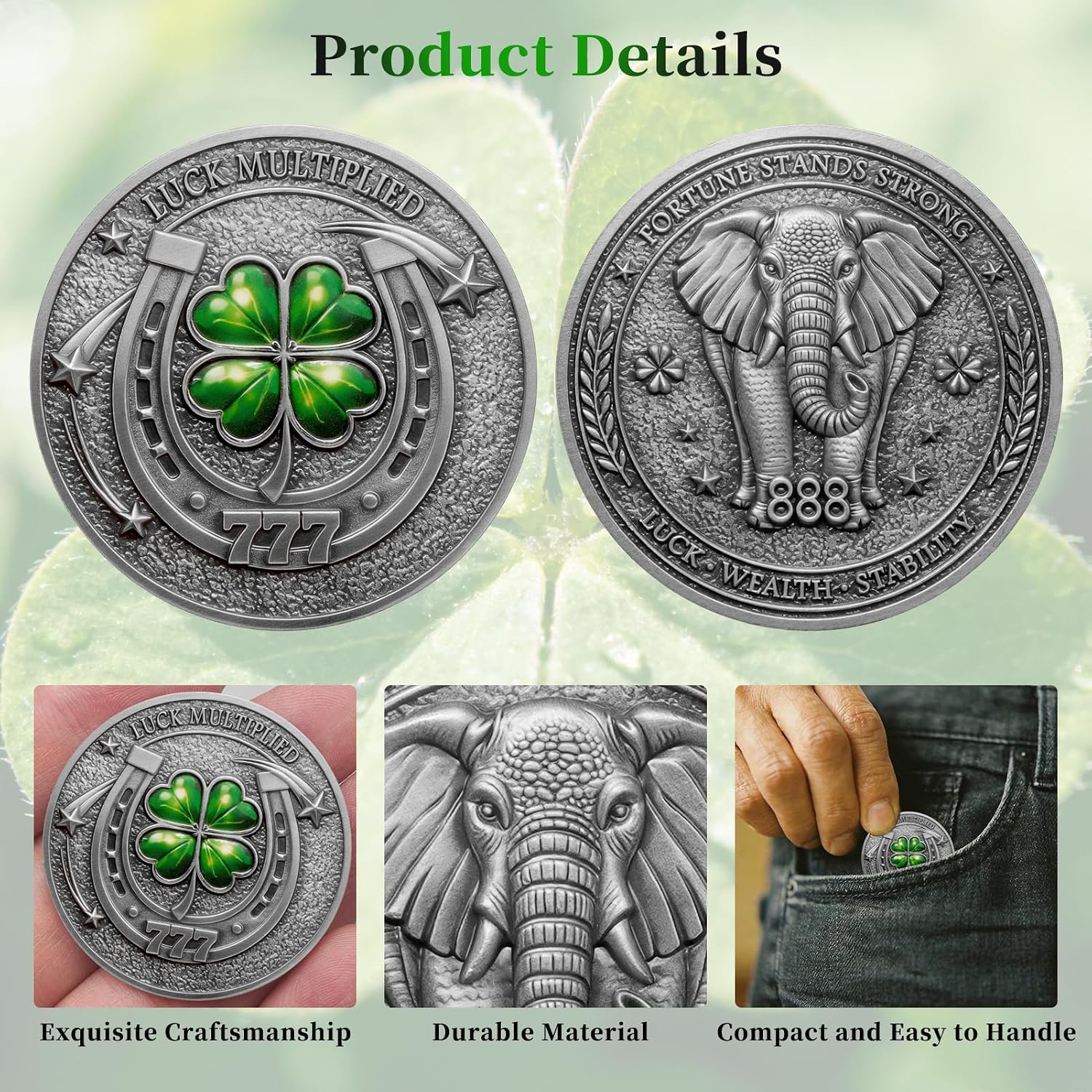 Good Luck Challenge Coin, Lucky Medal Charms Keychain with Four Leaf Clover, Elephant 777 with Leather Coin Holder