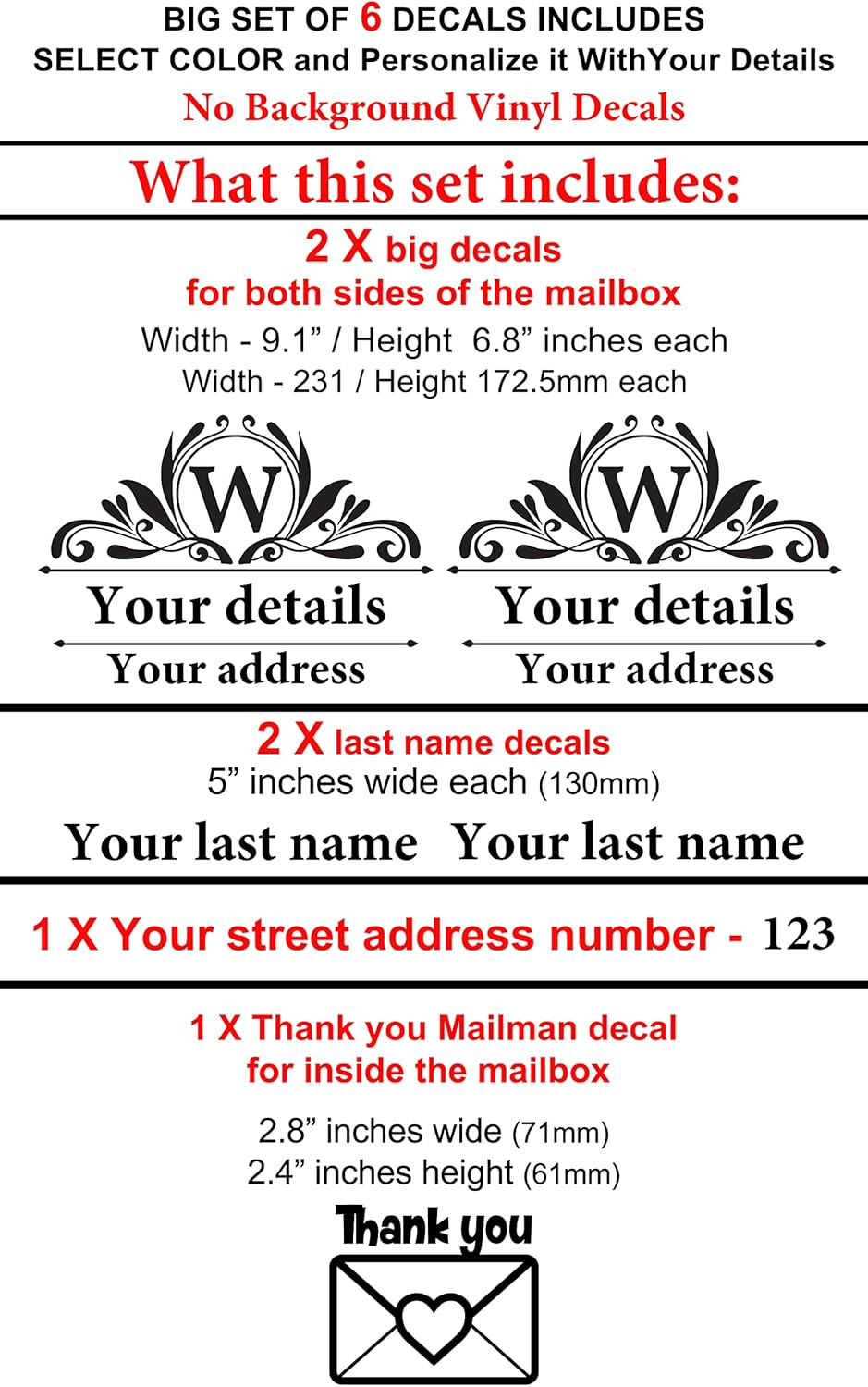 Set of 6 Mailbox Decals, Personalized Mailbox Decals - for Outside Waterproof Last Name Decals, Custom Address Decals Mailbox Vinyl Decals - by Cus2mize Mailbox, DN4 (Turquoise)