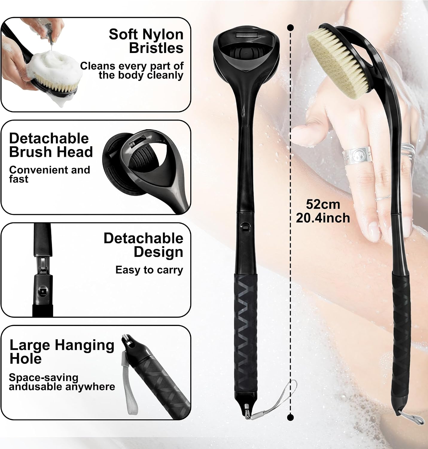 Gobiteli Back Scrubber,20.4" Detachable Long Handle Back Washer for Shower,Shower Brush for Body for Men,Women(Black)