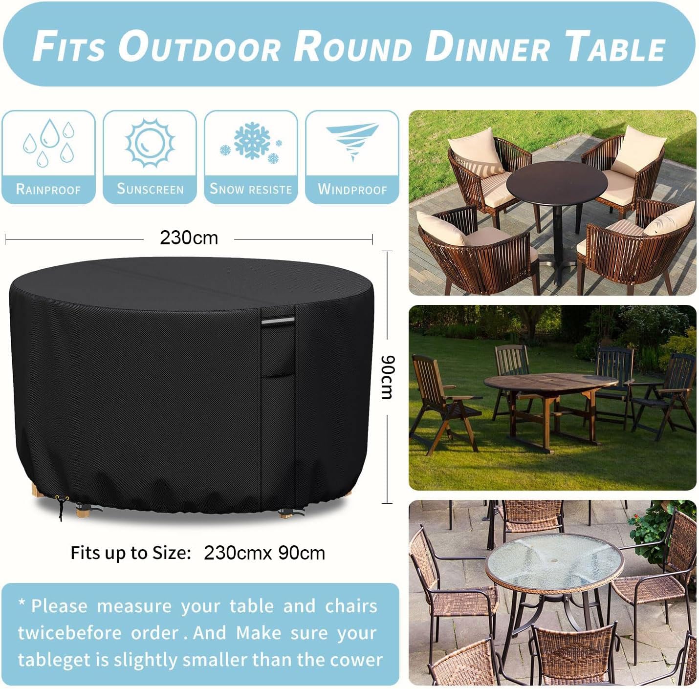 RICHIE Housse imperméable pour meubles de jardin - 230 x 90 cm - Revêtement en PVC Oxford 600D respirant - Pour meubles - Noir