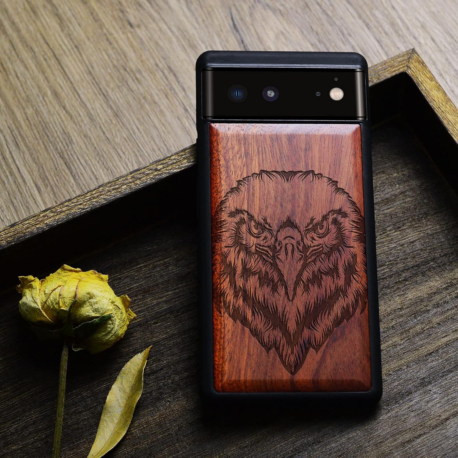 Carveit Wood Case for Pixel 6 Case [Natural Wood & Black Soft TPU] Shockproof Protective Unique Wooden Cover Compatible with Google Pixel 6 (Eagle Carving-Rosewood)